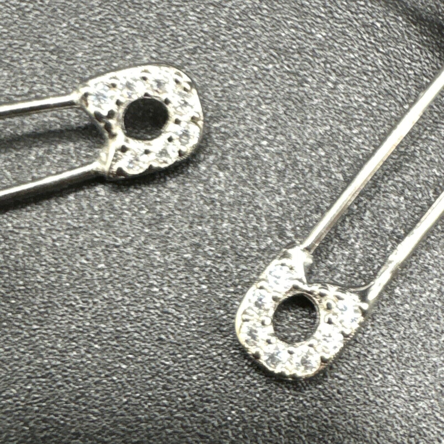 New Condition Sterling Silver CZ Safety Pin Dangle Earrings 2.5” 925