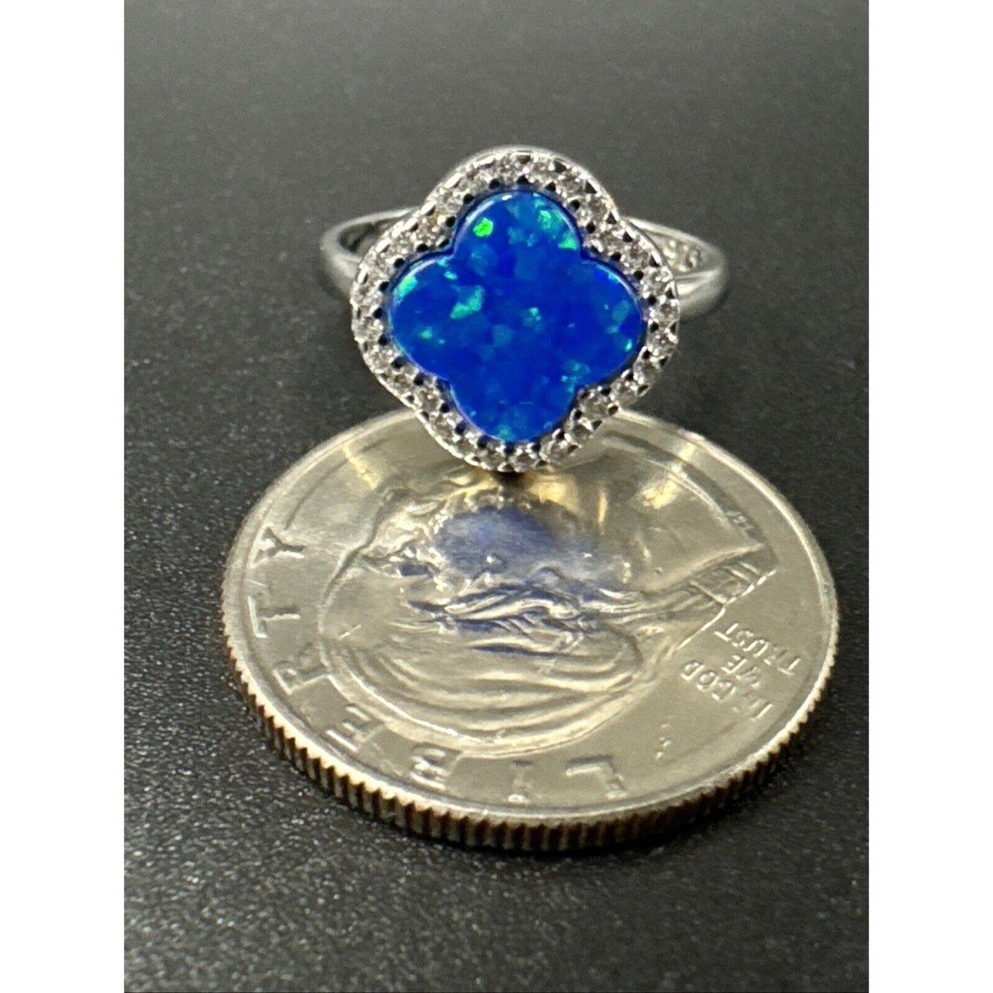 New Condition Sterling Silver Lab Blue Opal Clover CZ Ring 925 Size 7