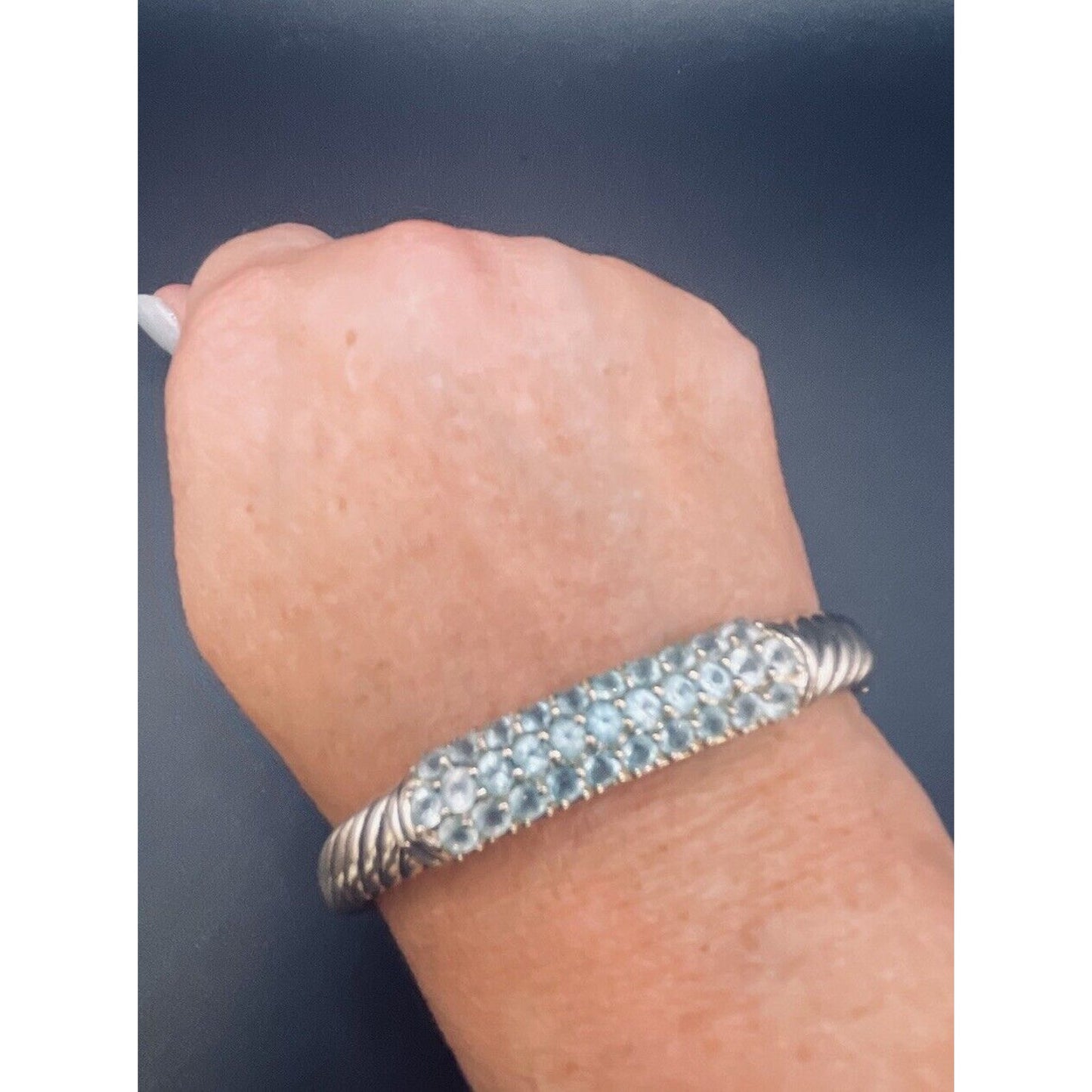 7.25” Sterling Silver Seafoam Topaz Hinged Bracelet 29 Grams P18
