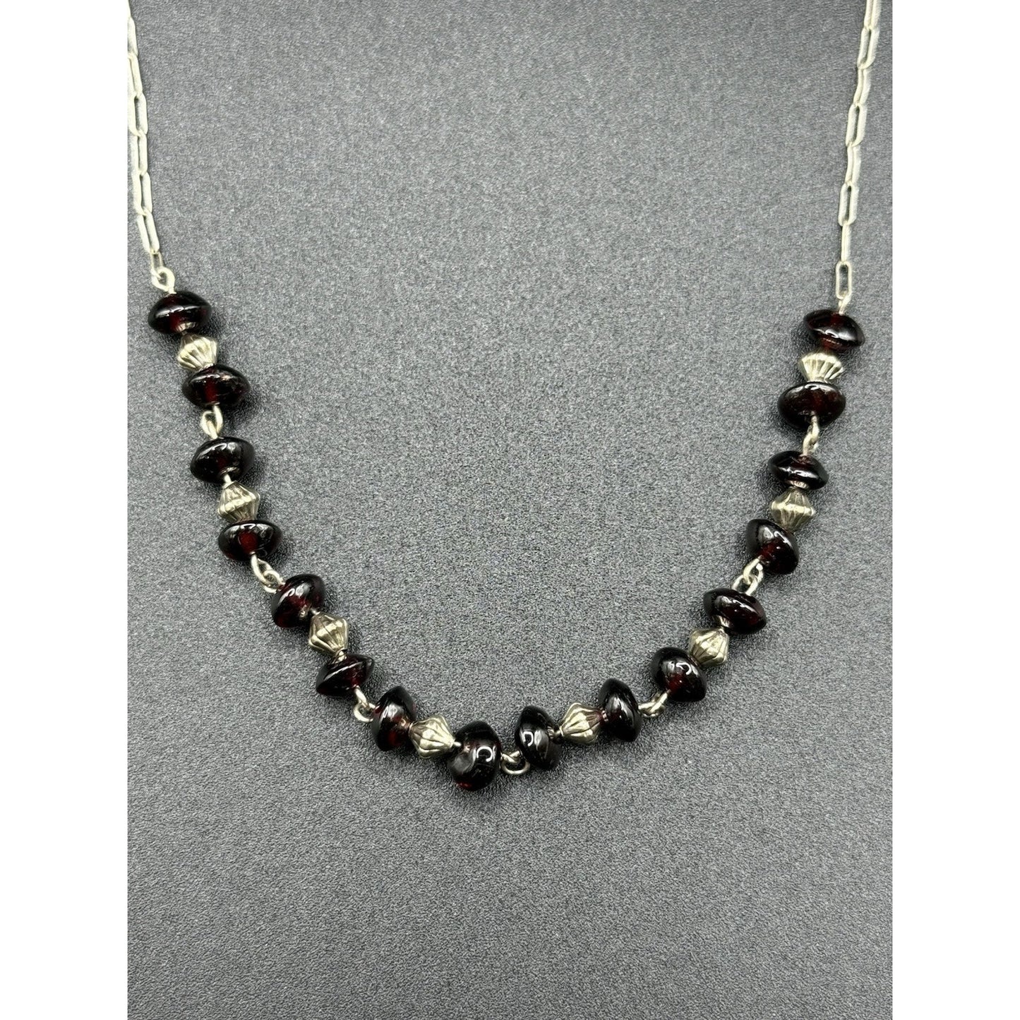 15” Sterling Silver Garnet Rondelle Necklace 925 N13