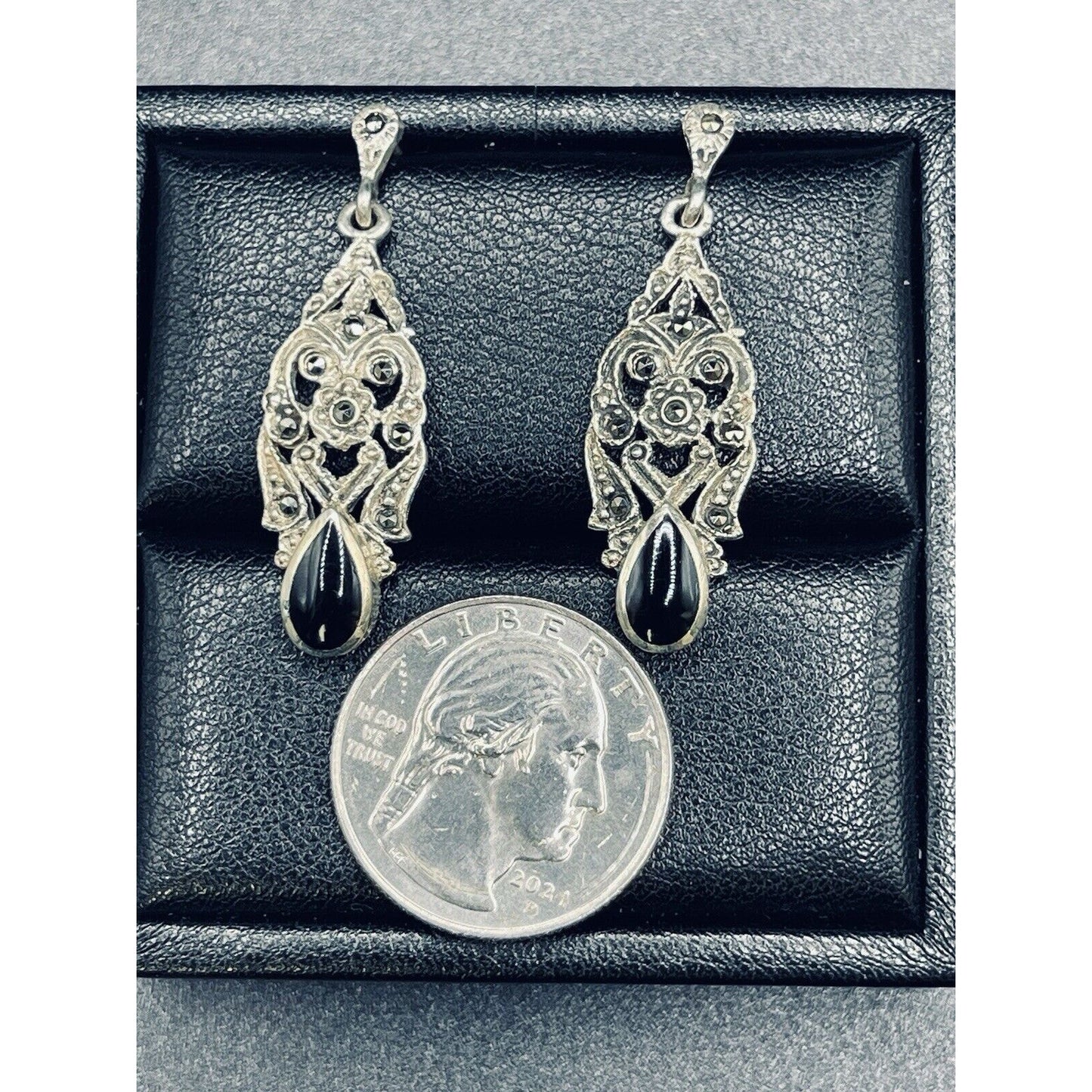Vintage Sterling Silver Marcasite Black Enamel 925 Scroll Dangle Earrings L16