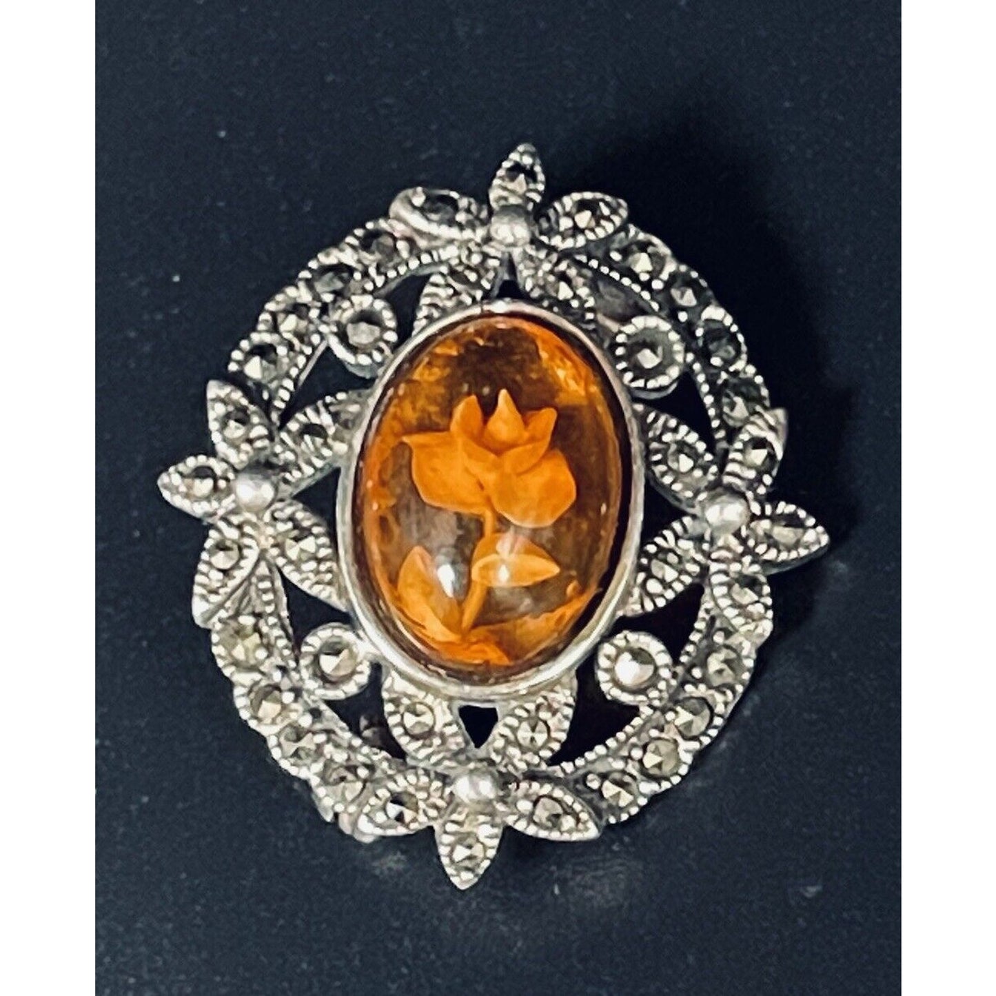 Vintage Sterling Silver Marcasite Flower In Glass Brooch 925 L19