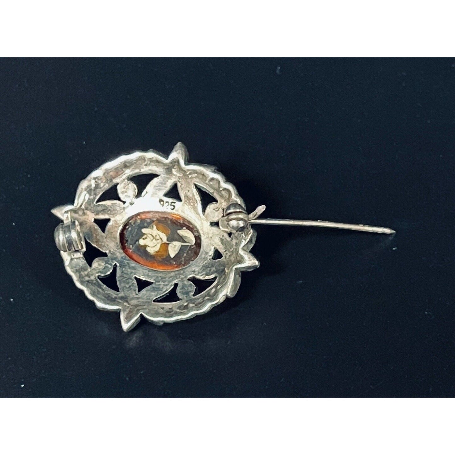 Vintage Sterling Silver Marcasite Flower In Glass Brooch 925 L19