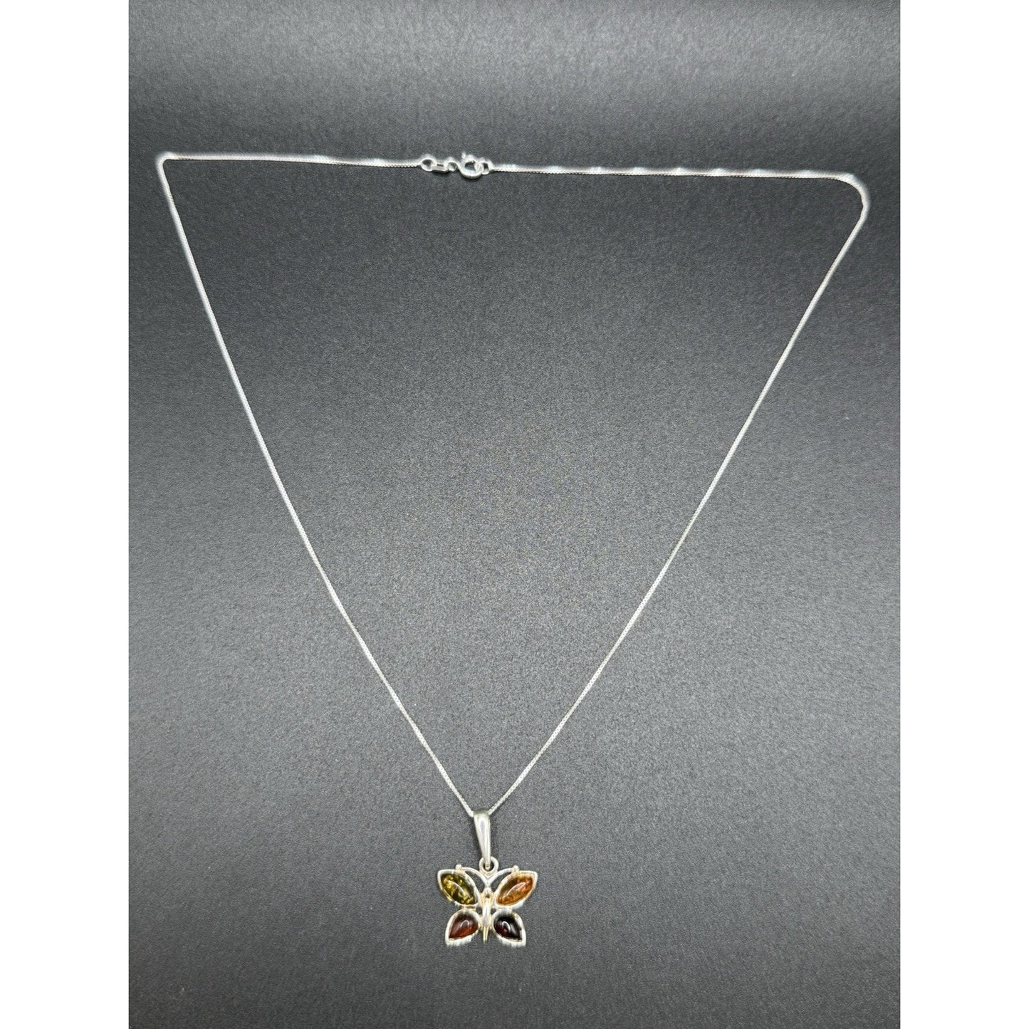18” Sterling Silver Genuine Multi Color Amber Butterfly Pendant Necklace P3