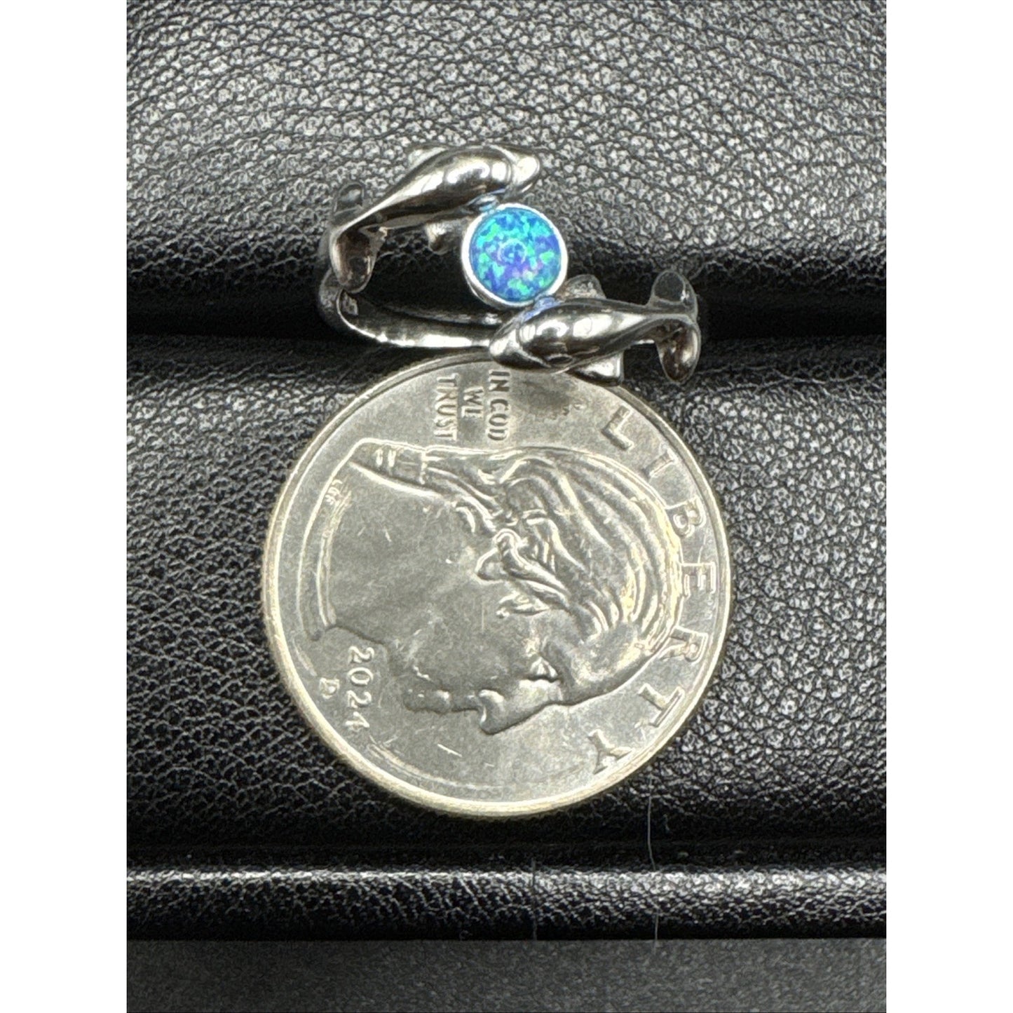 New Condition Sterling Silver Blue Opal Double Dolphin Ring 925 Size 7