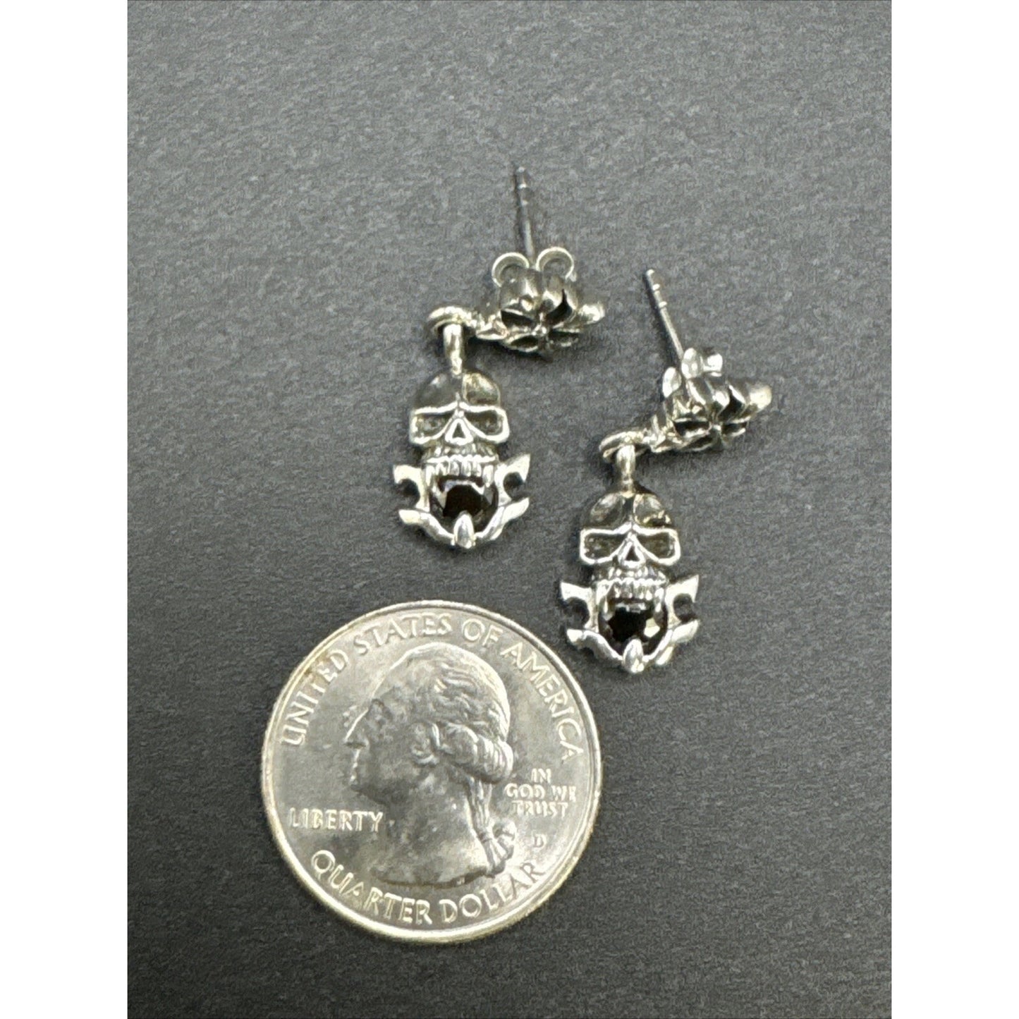 New Condition Sterling Silver Skull Earrings Black CZ Goth