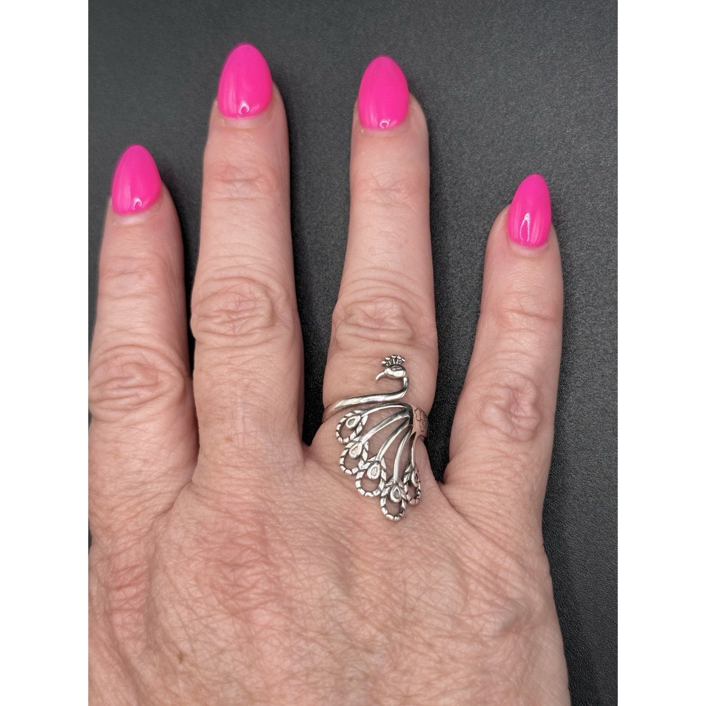 New Condition Sterling Silver Peacock Ring Size 7.00 Adjustable 925