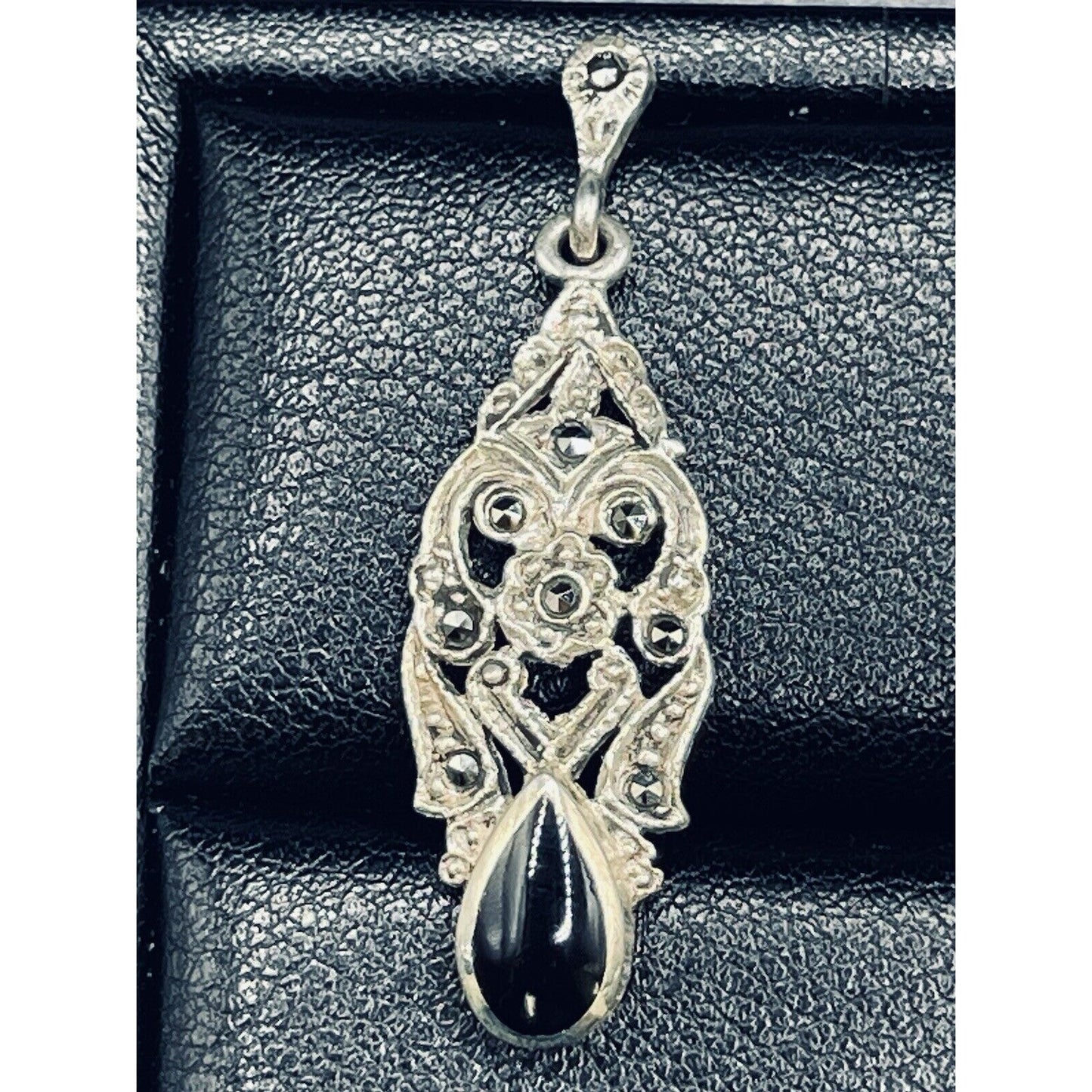 Vintage Sterling Silver Marcasite Black Enamel 925 Scroll Dangle Earrings L16