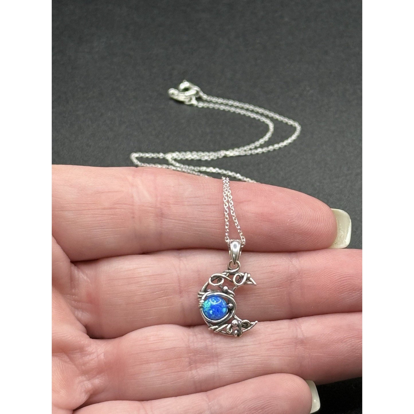 18” New Condition Sterling Silver Lab Blue Opal Artisan Crescent Moon Pendant