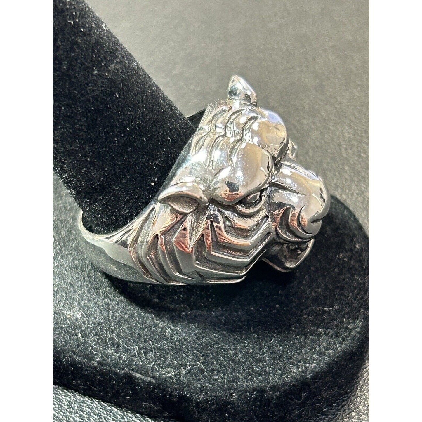 New Condition Sterling Silver 3D Tiger Head Ring Size 10.00