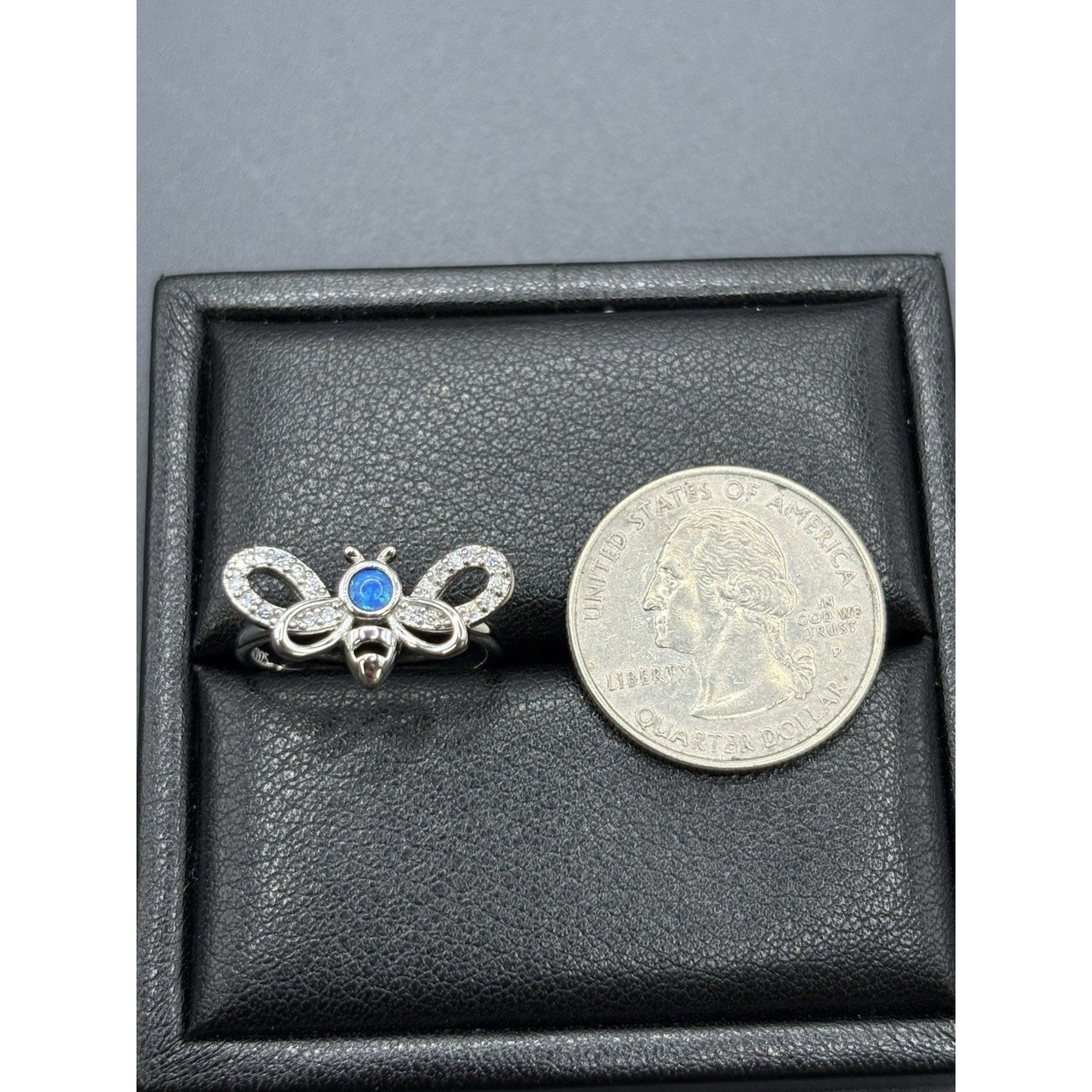 New Condition Sterling Silver Lab Blue Opal Cubic Zirconia Bee Ring Size 7