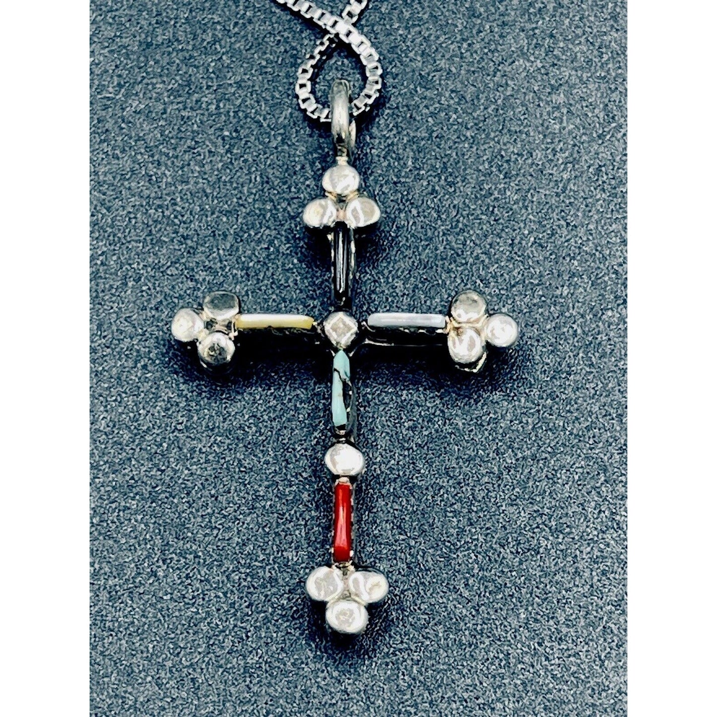 24” Vintage Multi sterling silver Gemstone Cross Pendant Necklace K12