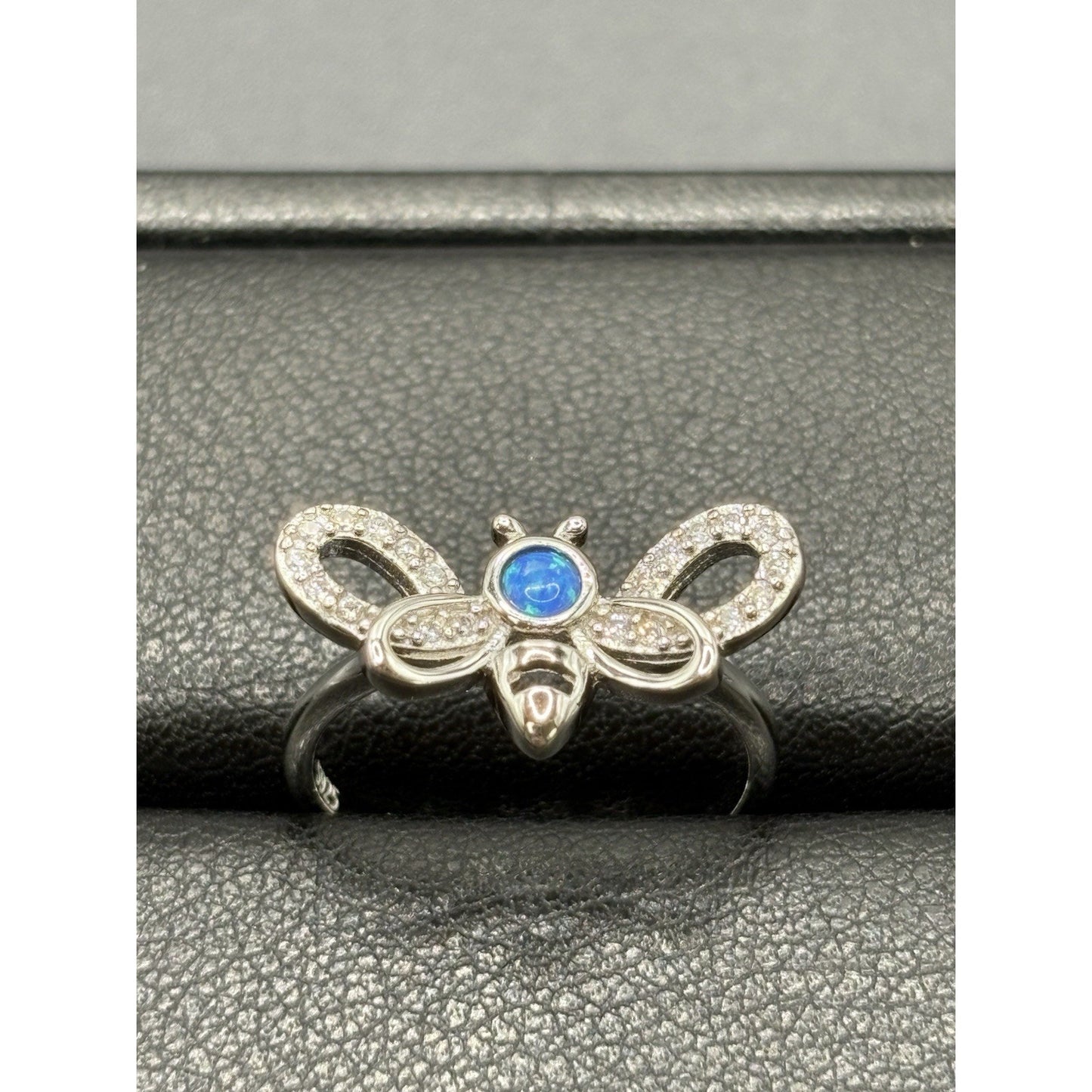 New Condition Sterling Silver Lab Blue Opal Cubic Zirconia Bee Ring Size 7