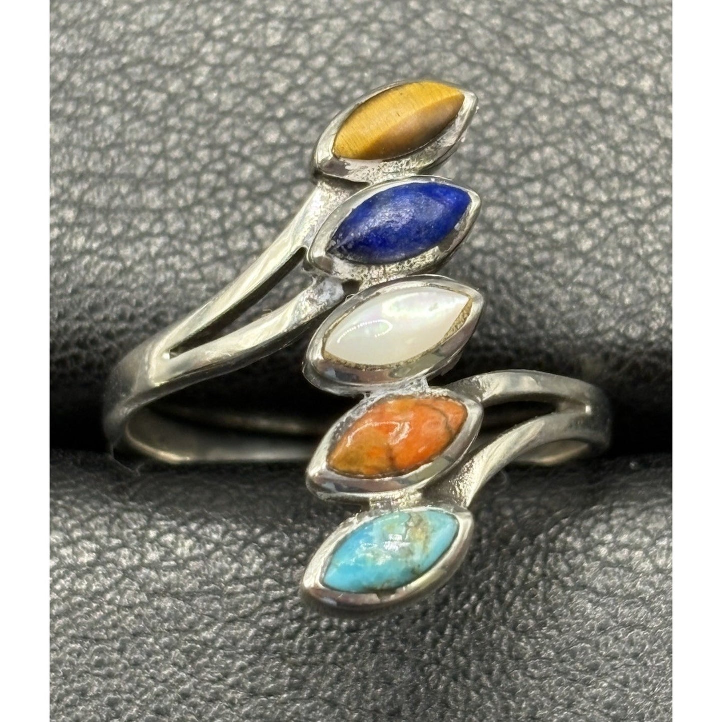 New Condition Sterling Silver Multi Gemstone Bypass Ring Size 10