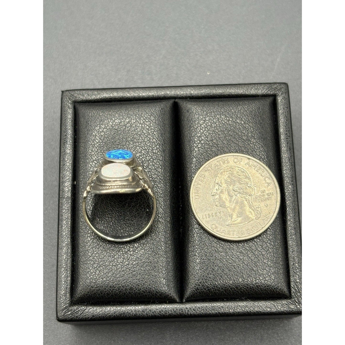 New Condition Sterling Silver Blue White Lab Opal Double Ring Size 7
