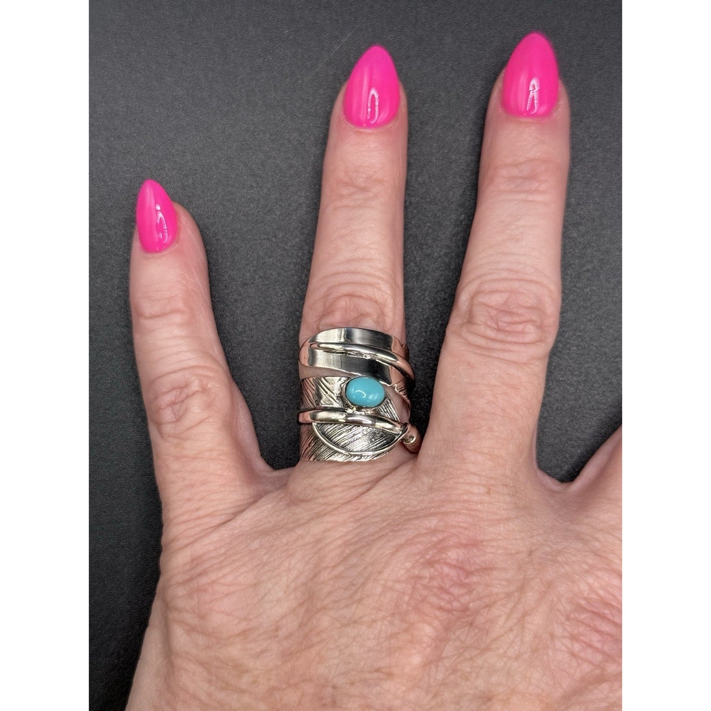 New Condition Sterling Silver Genuine Turquoise Ring Size 7.00 Feather Bypass