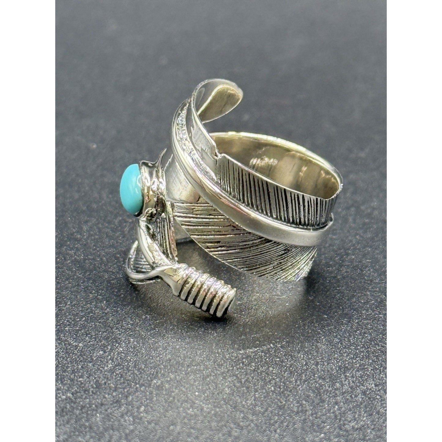 New Condition Sterling Silver Genuine Turquoise Ring Size 7.00 Feather Bypass