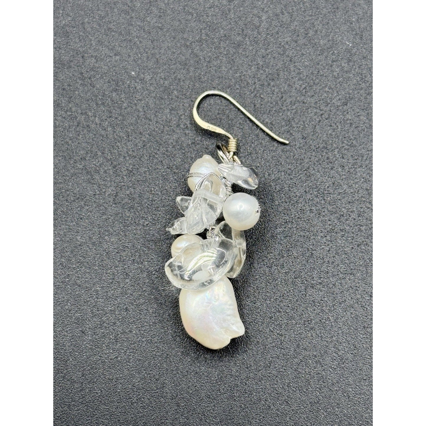 Sterling Silver Genuine Pearl Rock Crystal Cluster Earrings 925 Q16