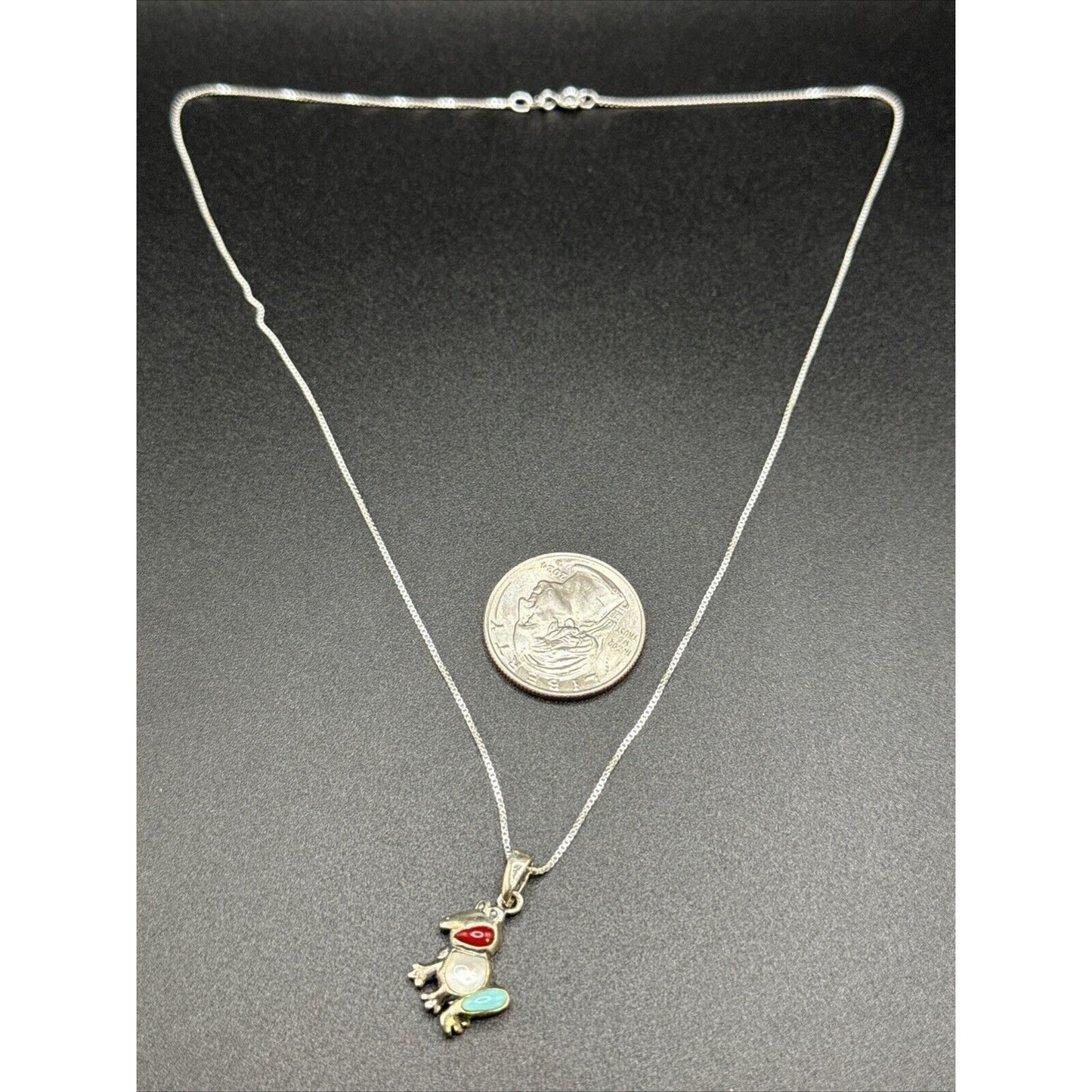 EUC 18” Sterling Silver Coral Turquoise Frog Pendant Necklace P14