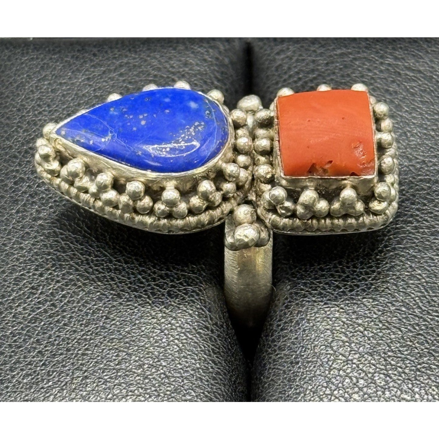 Vintage Sterling Silver Genuine Coral Lapis Ring Size 6.50 15 Grams Q7