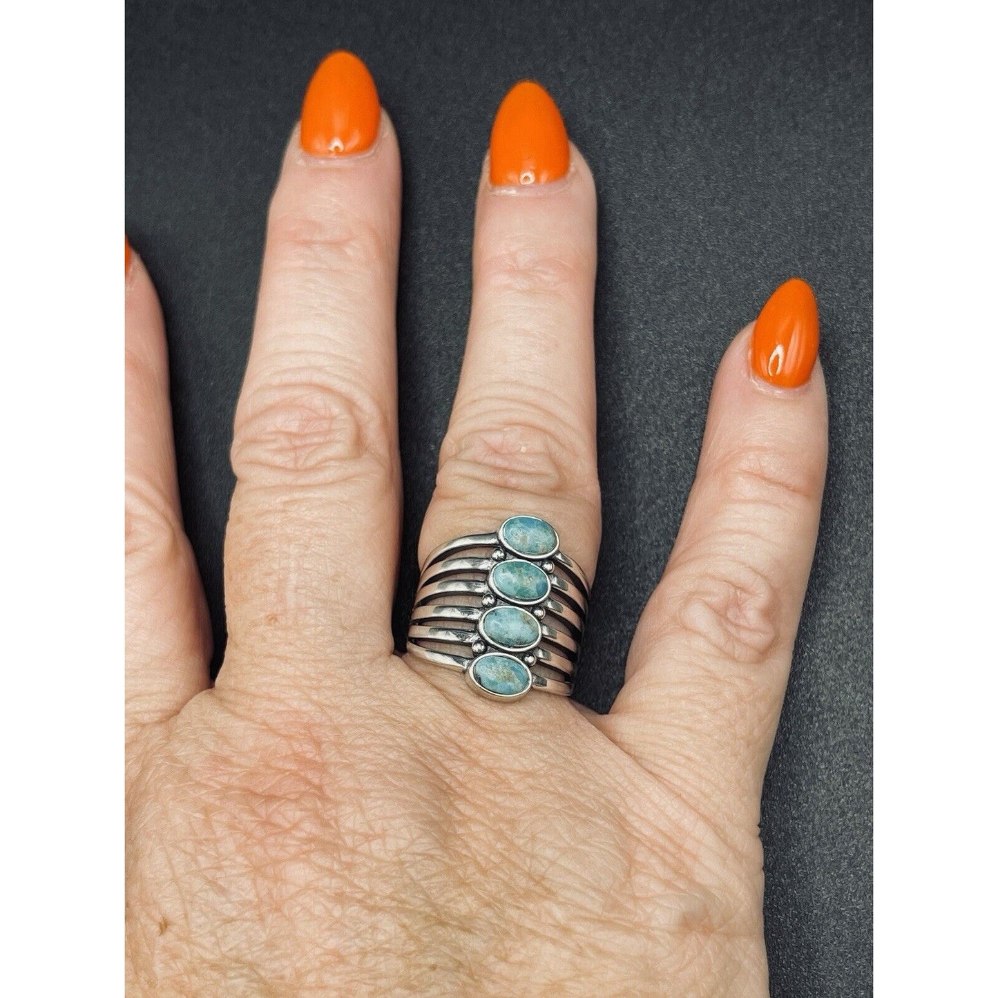 New Condition Sterling Silver 4 Vertical Turquoise Ring Size 6.75