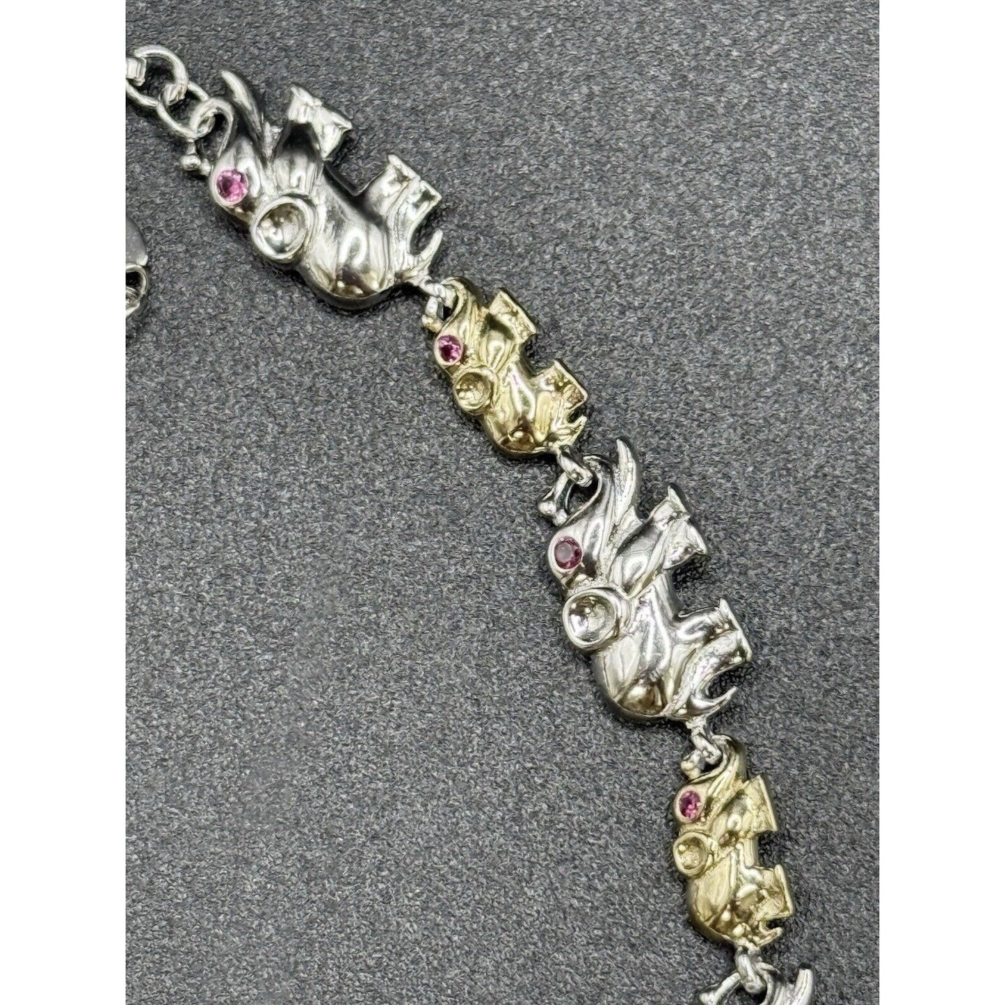 7” New Condition Two Tone Sterling Silver Elephant Bracelet Lab Ruby