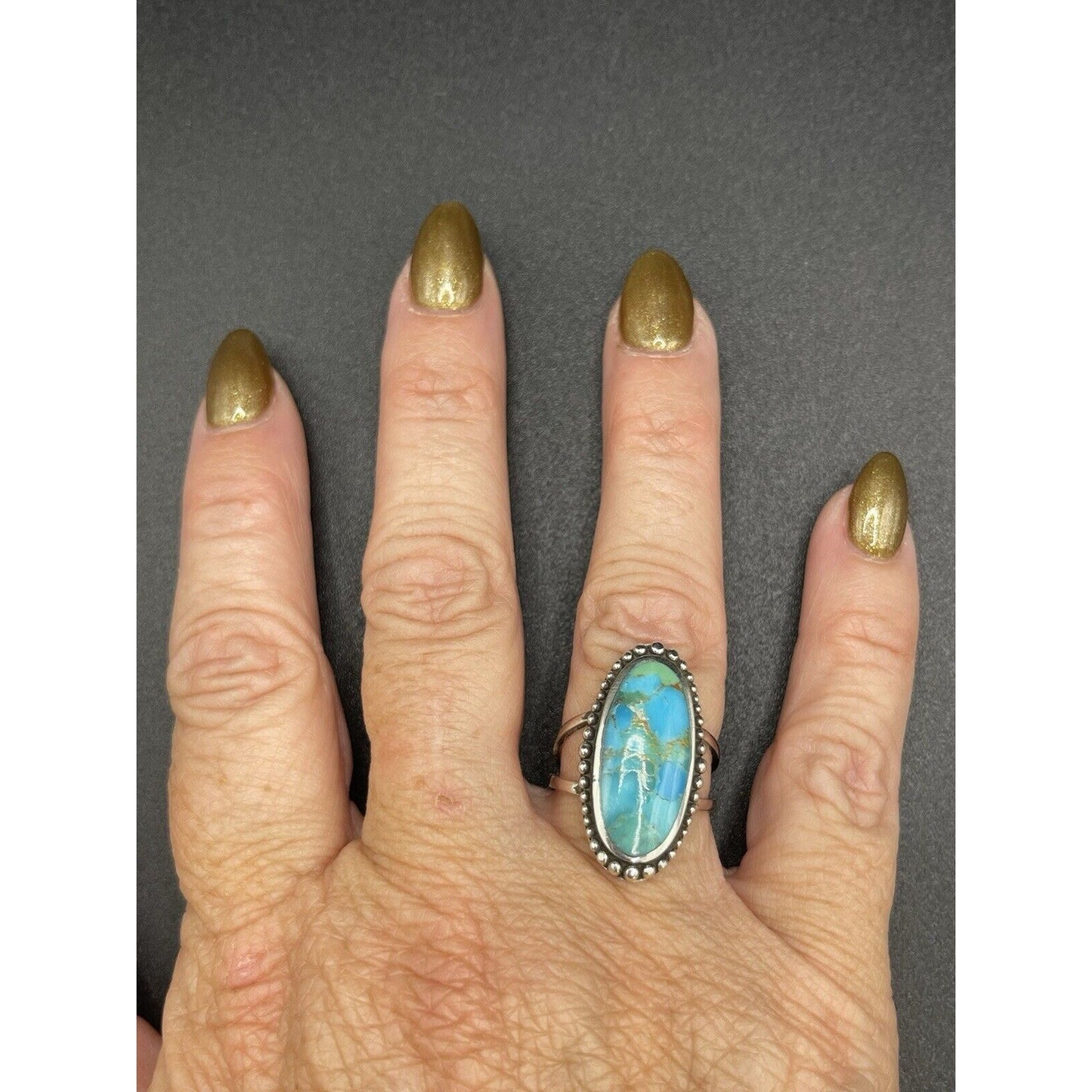 New Condition Sterling Silver Onlong Turquoise Split Shank Ring Size 8.00