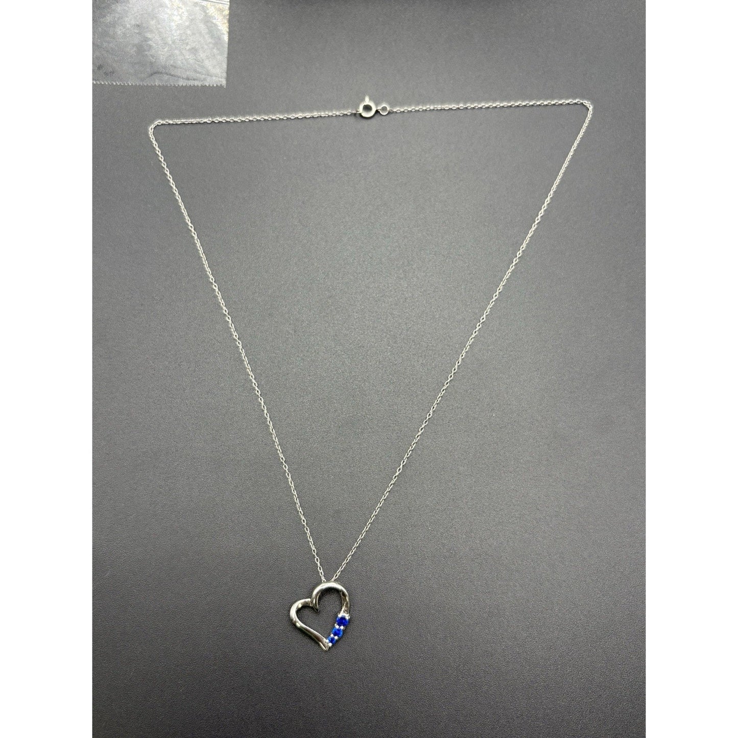 18" Sterling Silver Lab Sapphire Heart Pendant Necklace 925 W16