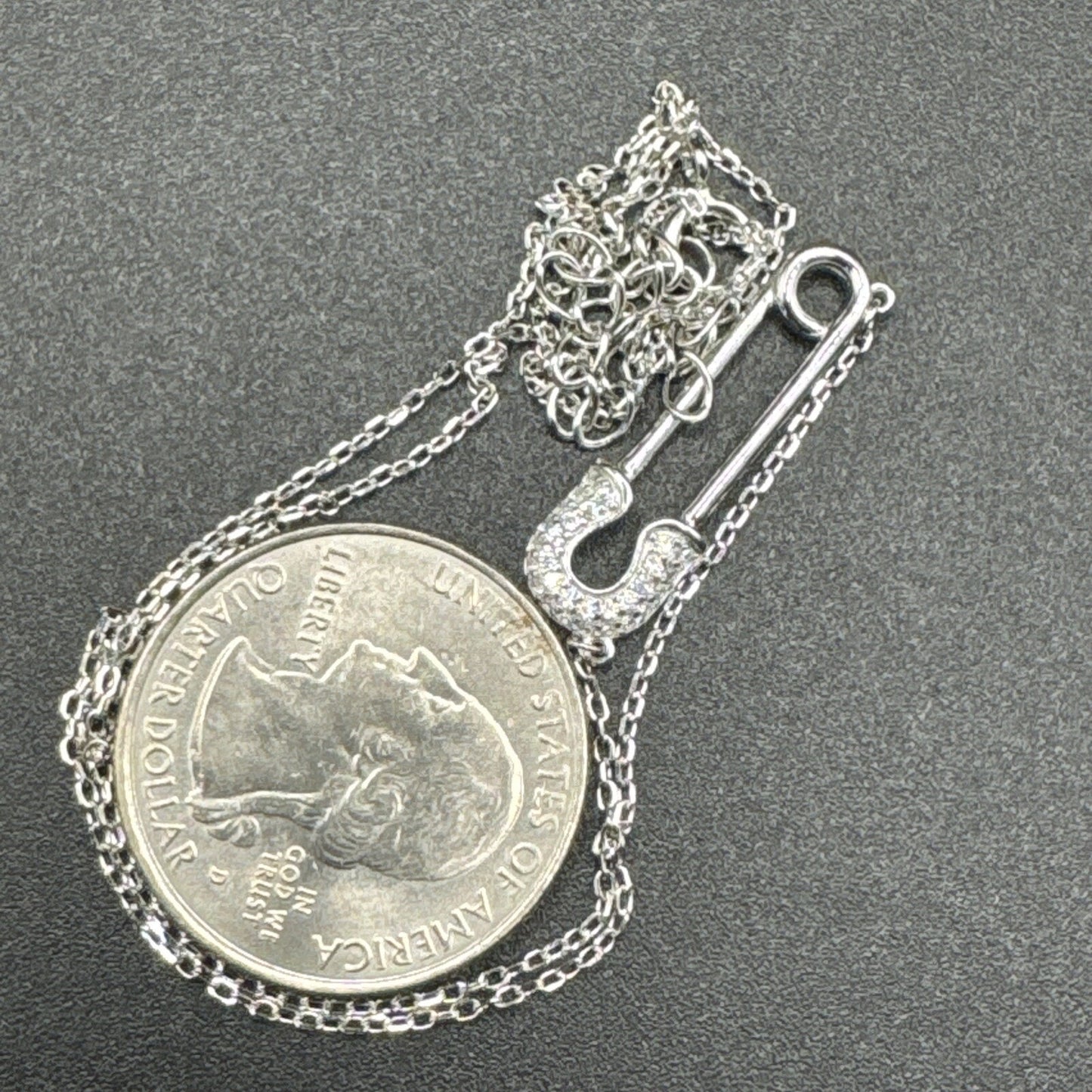 New Condition 7.5” Sterling Silver CZ Safety Pin Necklace Punk Goth 925 G15