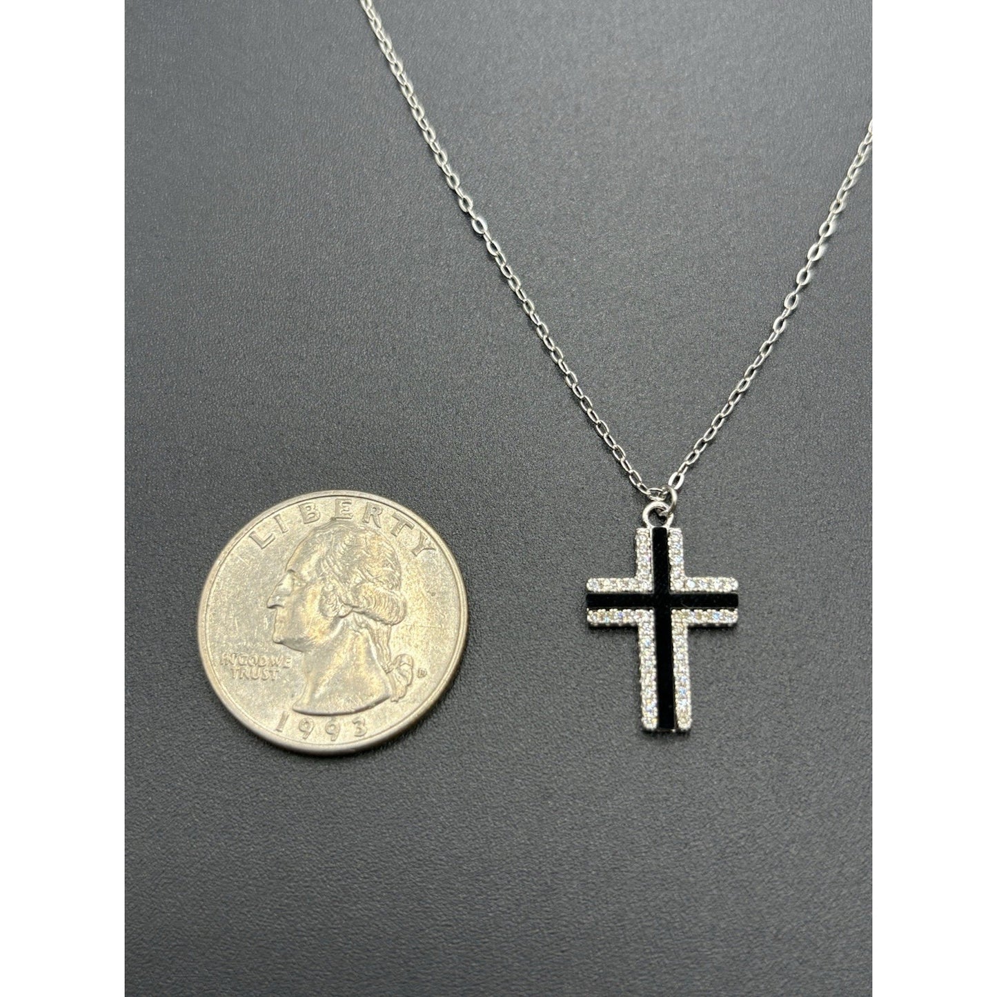 New Condition 18" Onyx Cubic Zirconia Cross Pendant Necklace