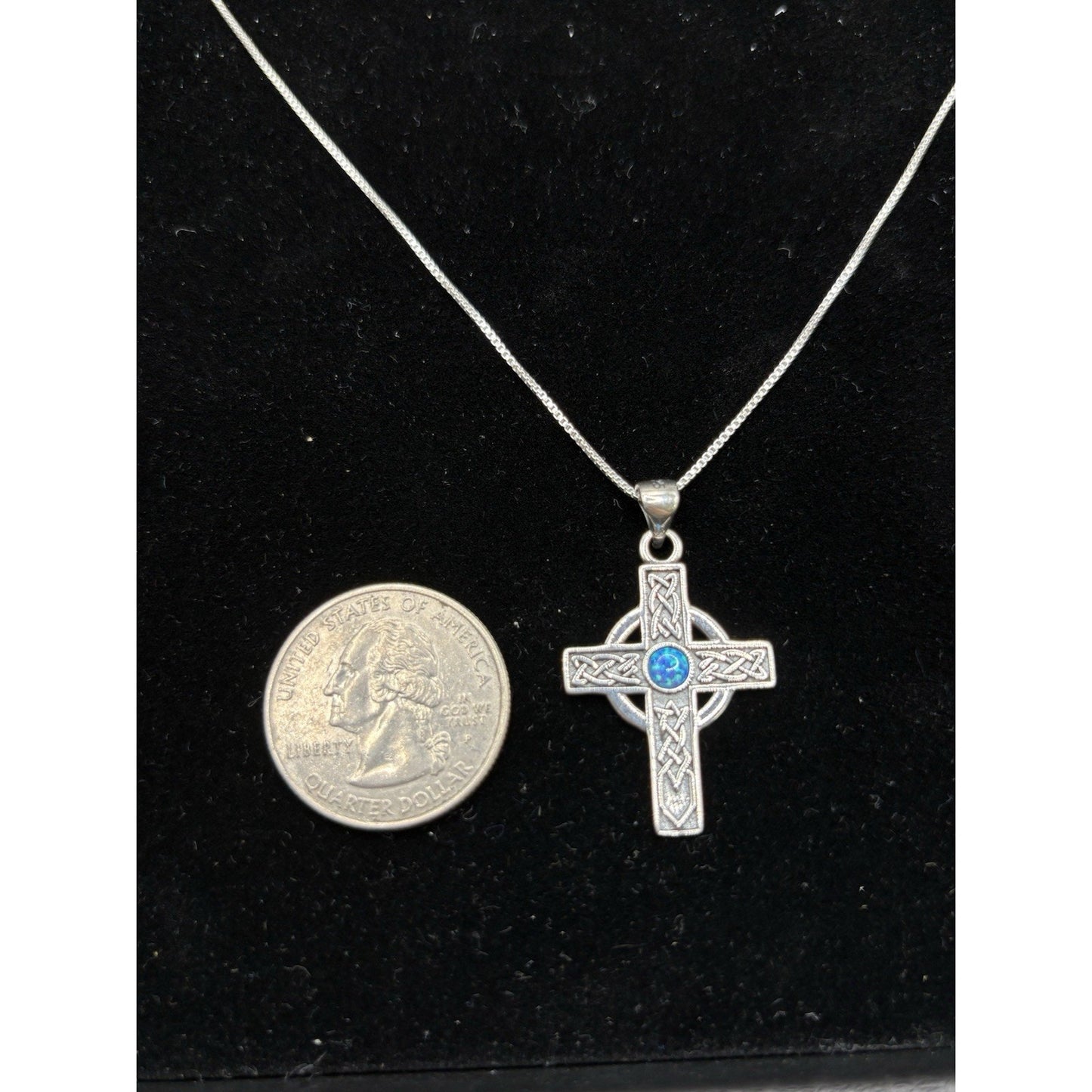 New Condition 18" Sterling Silver Lab Blue Opal Celtic Cross Necklace