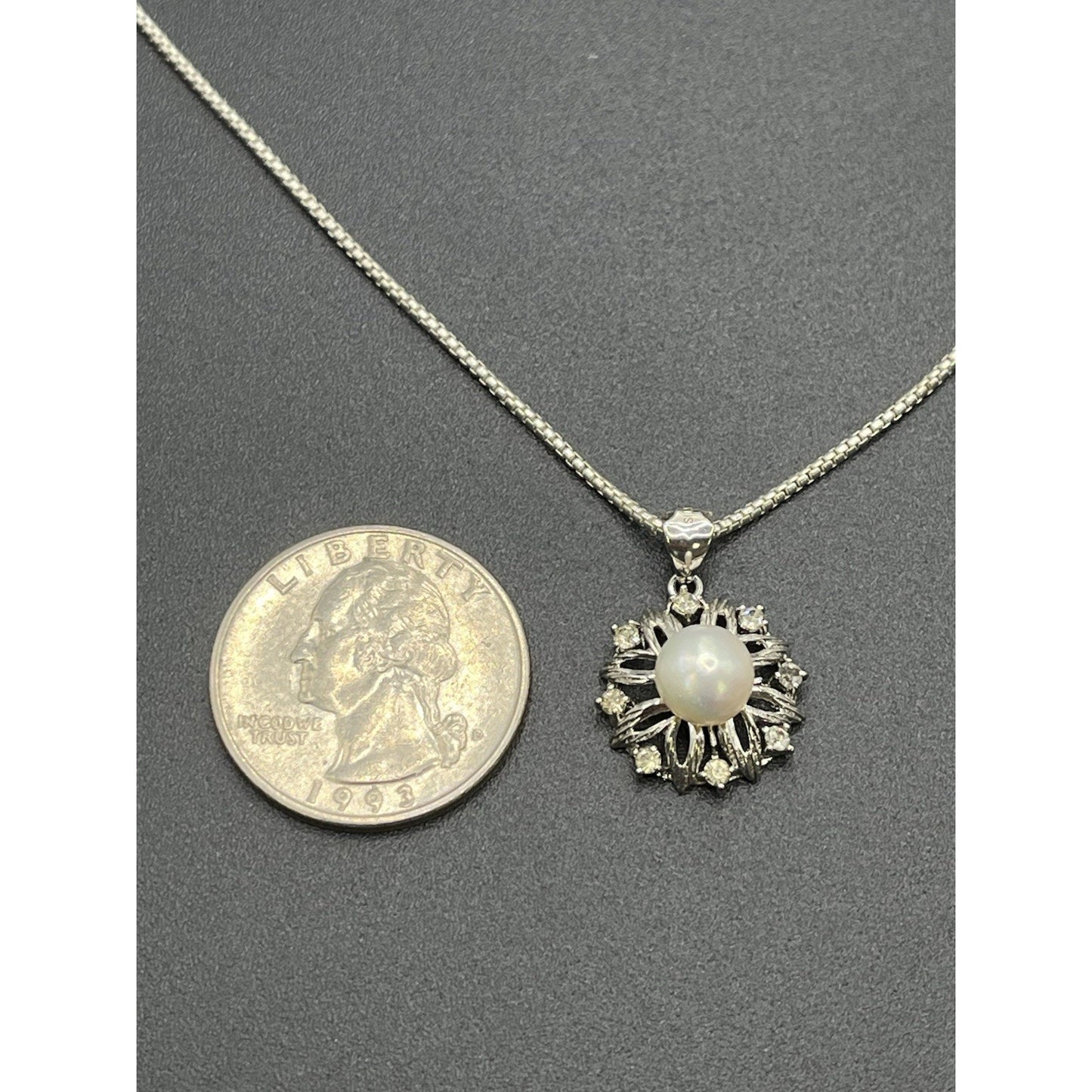 20" Sterling Silver Genuine Pearl Pendant Necklace 925 Rhinestone W15