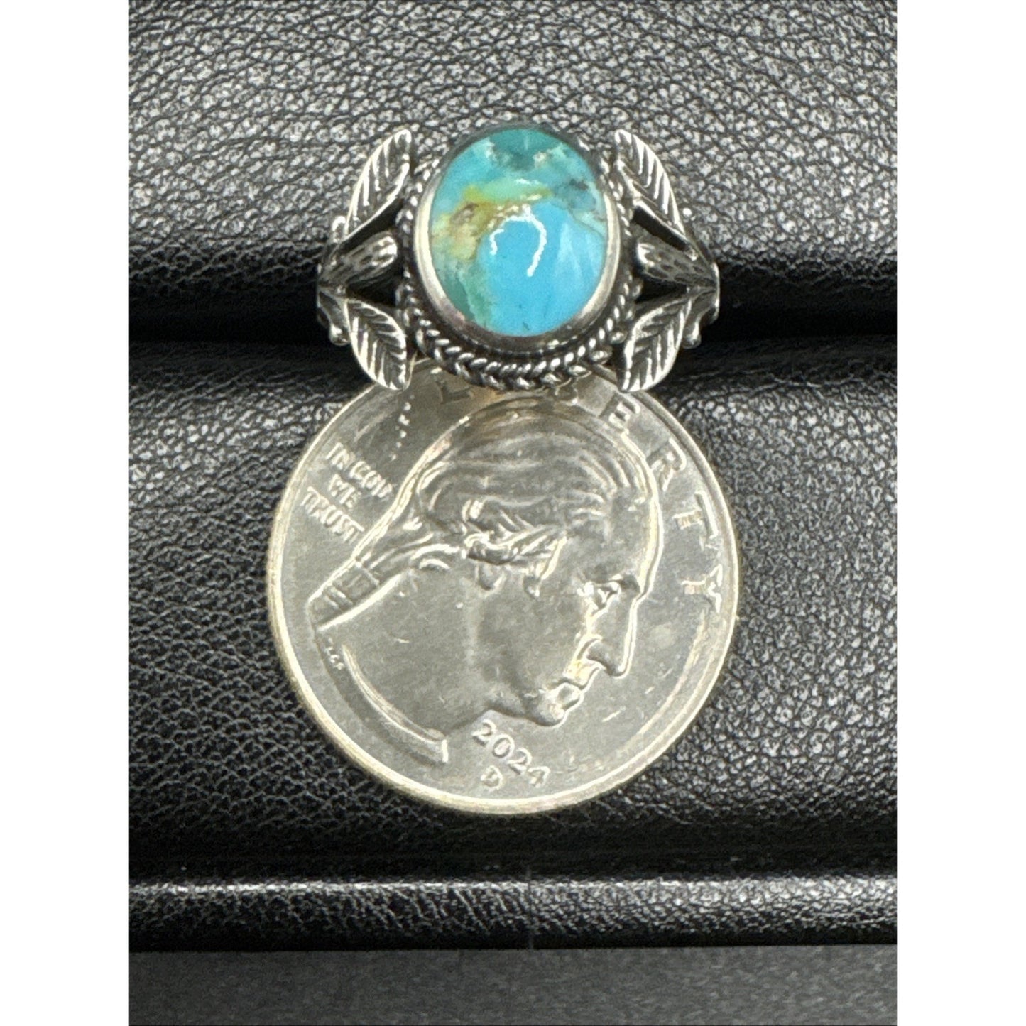 New Condition Sterling Silver Turquoise Leaf Plant Shank Ring 925 Size 7