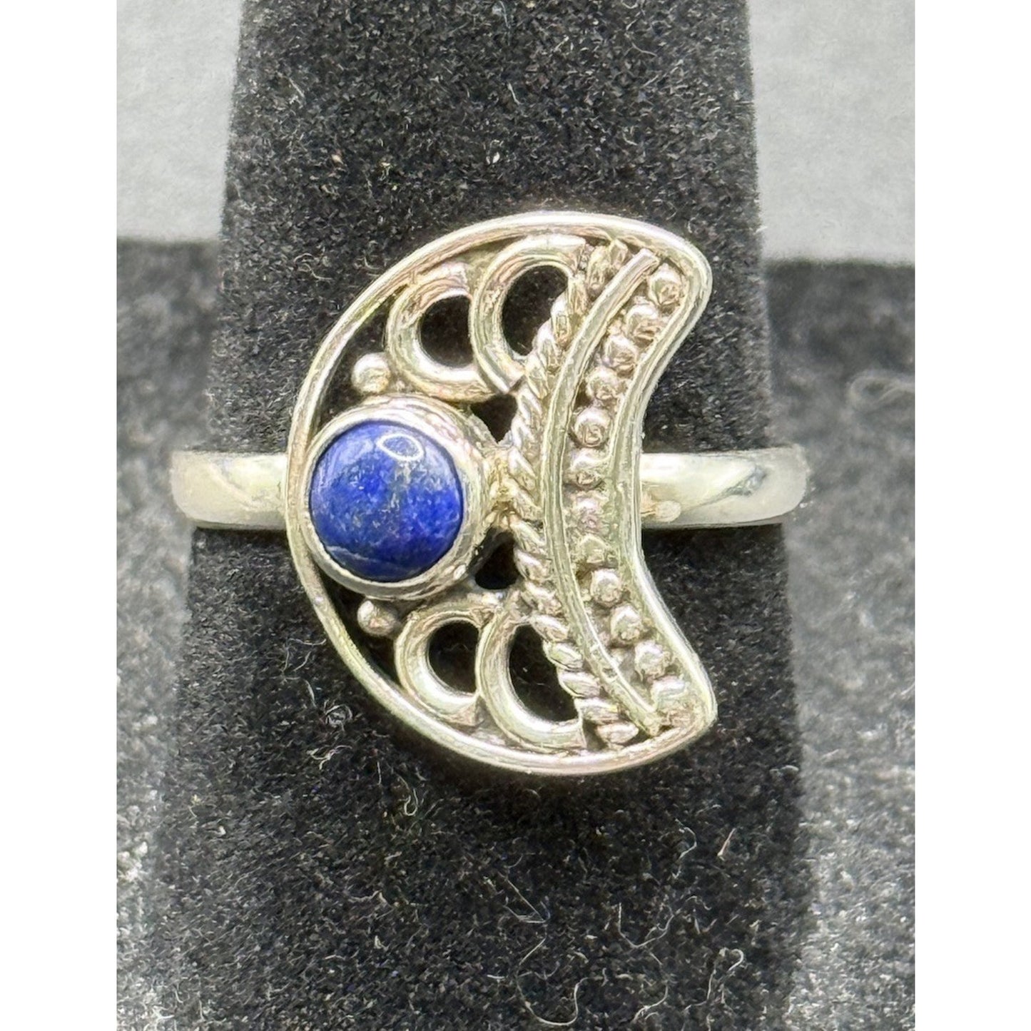 New Condition Sterling Silver Genuine Lapis Moon Ring Size 7.00