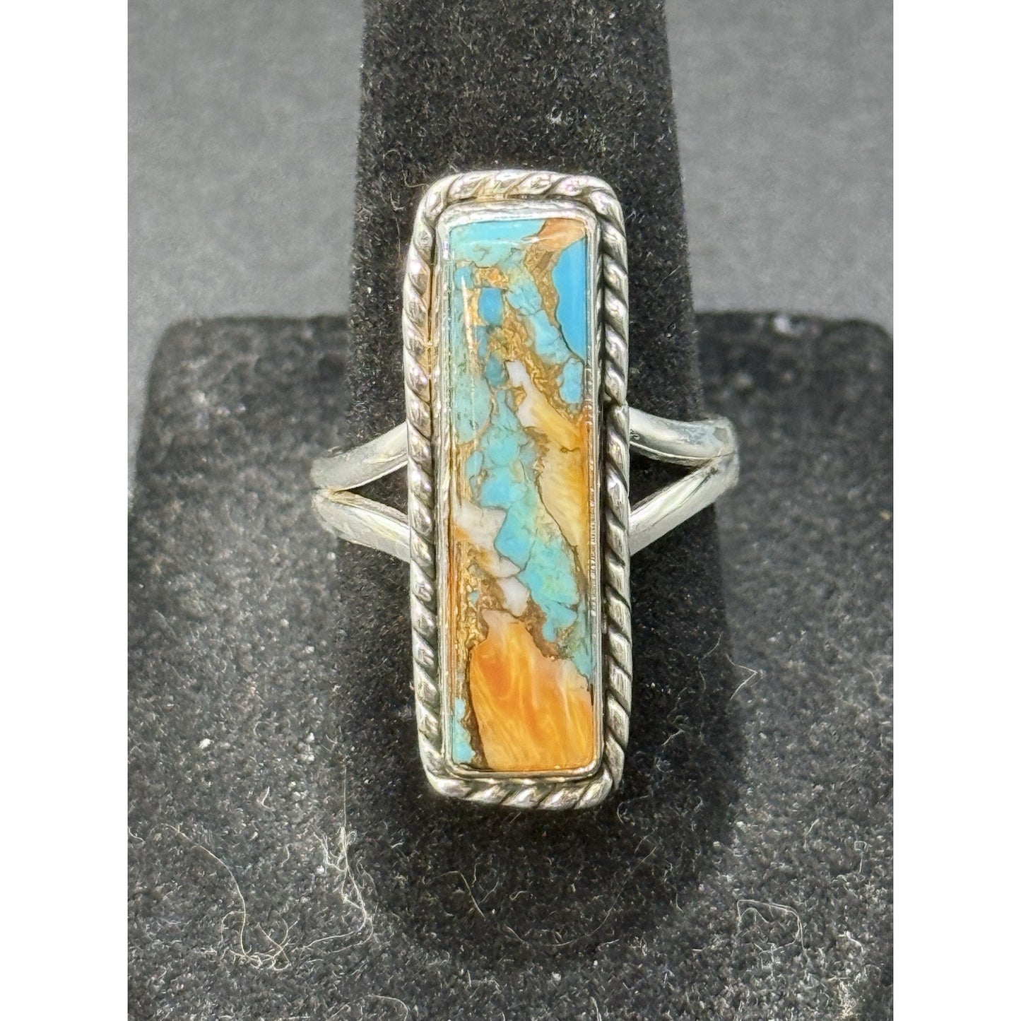 New Condition Sterling Silver Spiny Oyster Turquoise Oblong Ring Size 7.00