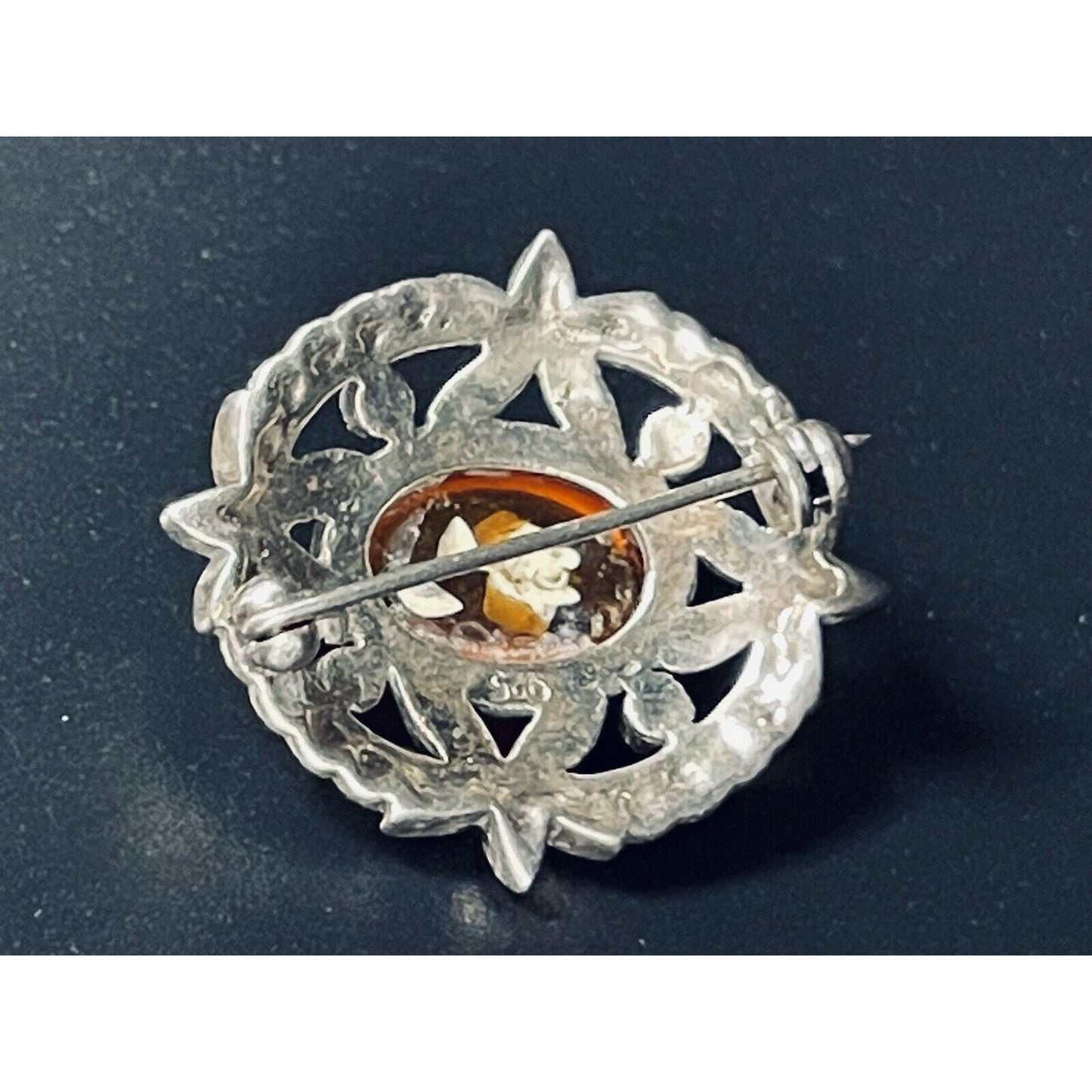 Vintage Sterling Silver Marcasite Flower In Glass Brooch 925 L19