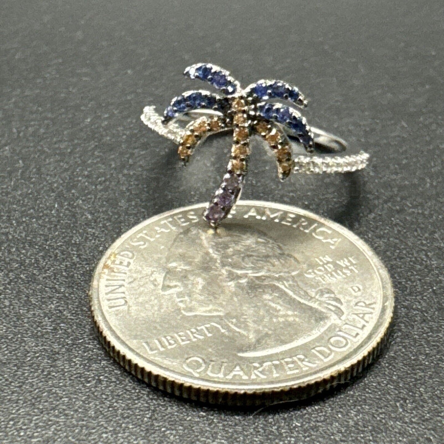 New Condition Sterling Silver Blue Pink Purple CZ Palm Tree Ring Size 7
