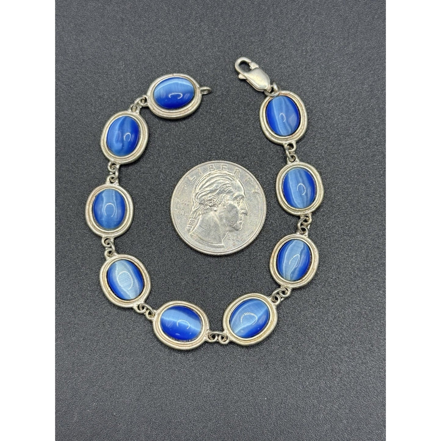 7.25” Sterling Silver Blue Catseye Glass Bracelet 19 Grams P3