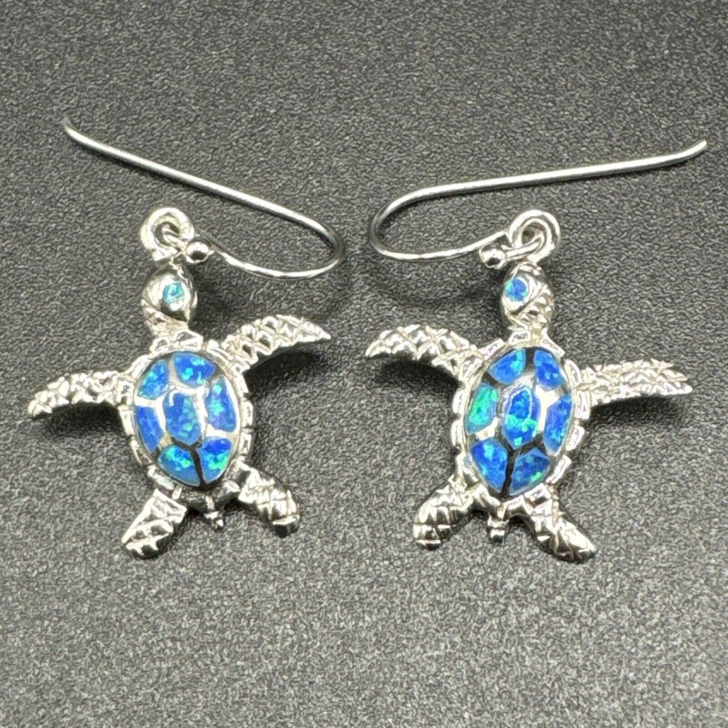 New Condition Sterling Silver Lab Blue Opal Sea Turtle Dangle Earrings 925