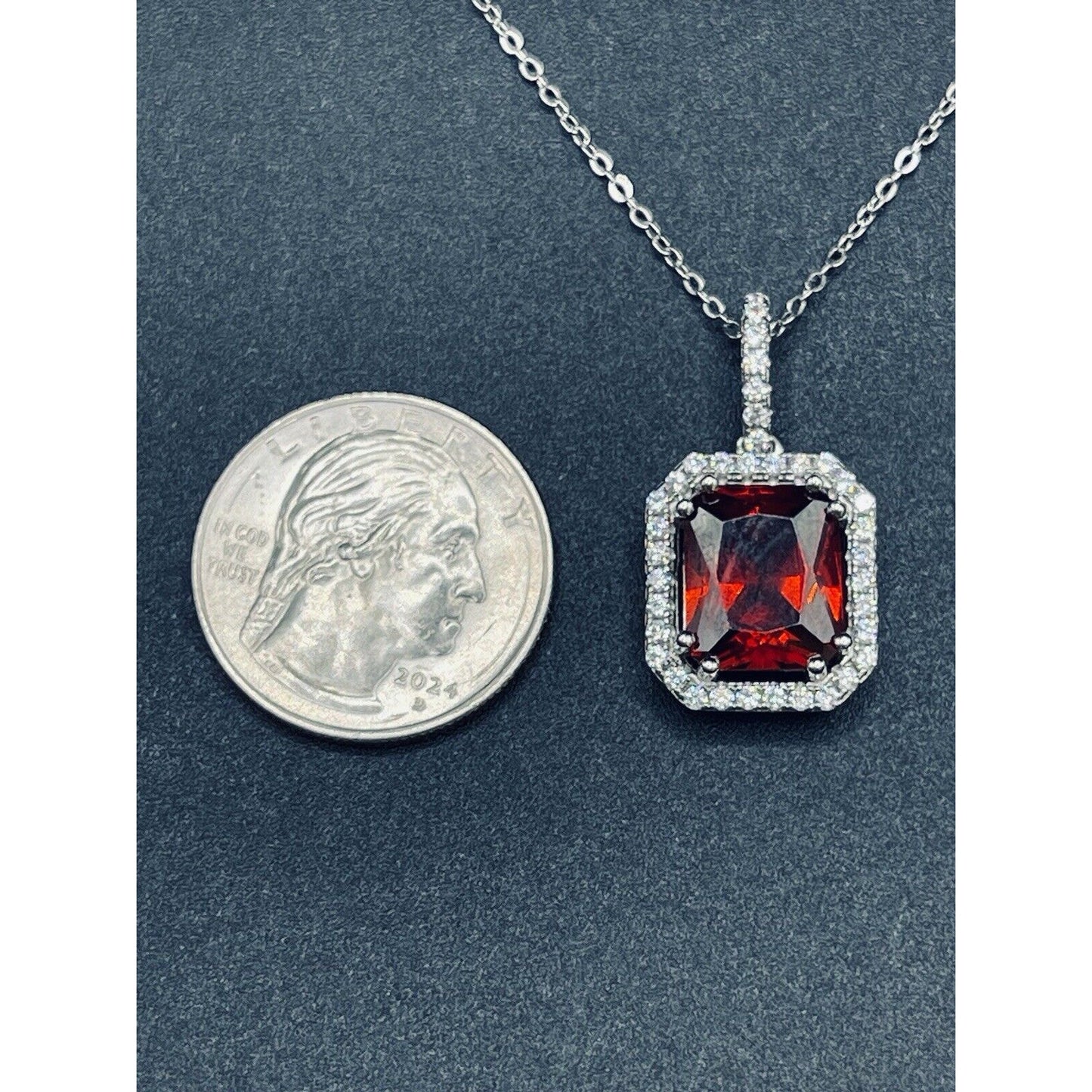 18” Sterling Silver Red Cubic Zirconia Halo Pendant Necklace Extender L13