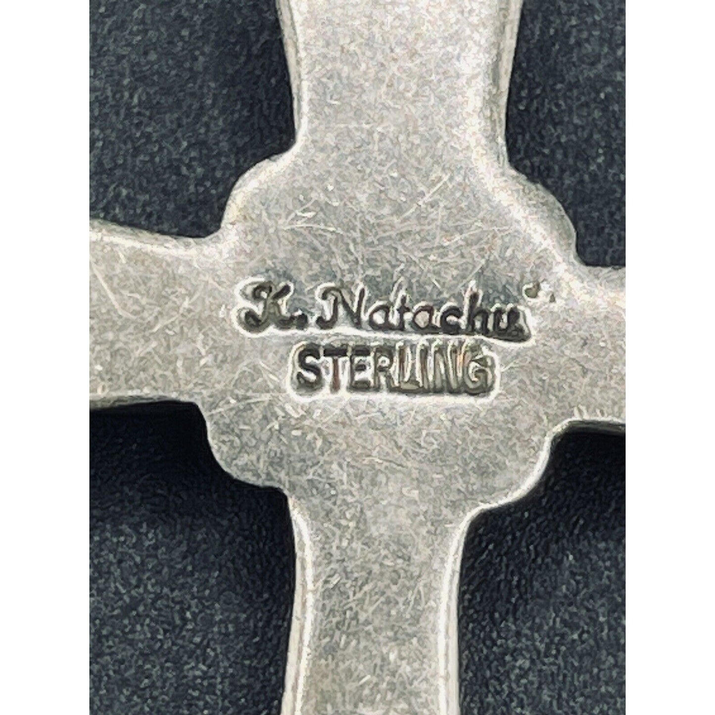 30” K. Natachu Native America Sterling Silver Coral Cross Pendant Necklace L9