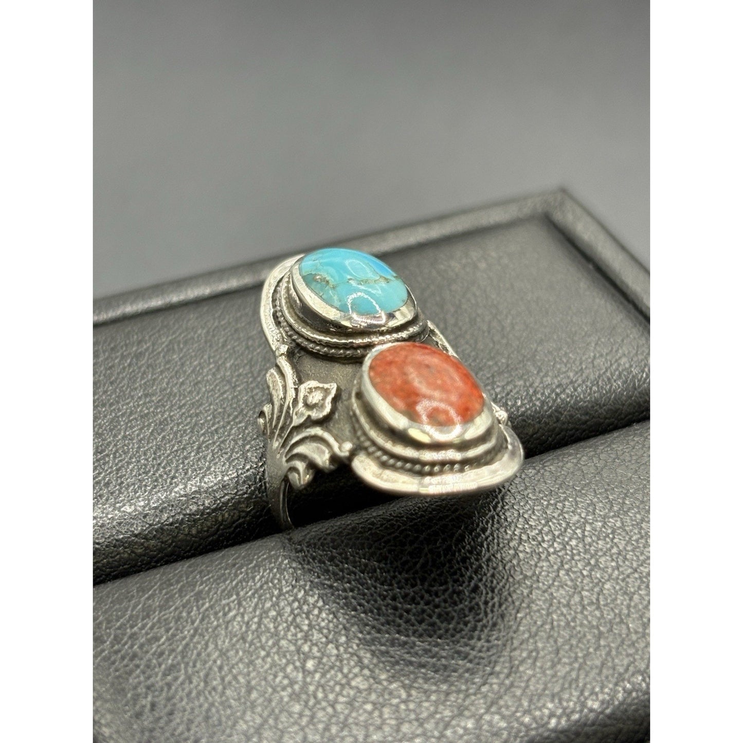 New Condition Turquoise Coral Long Ring 925 Size 5