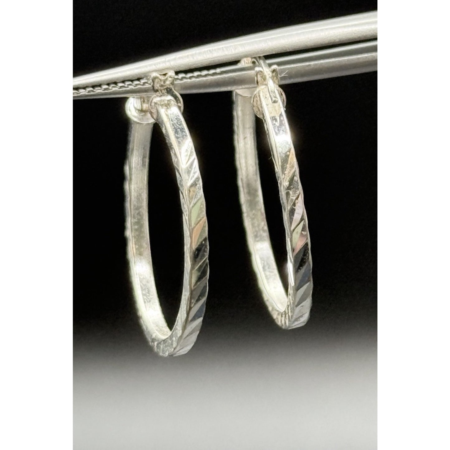 24MM Sterling Silver Hoop Earrings Textured 925 N13