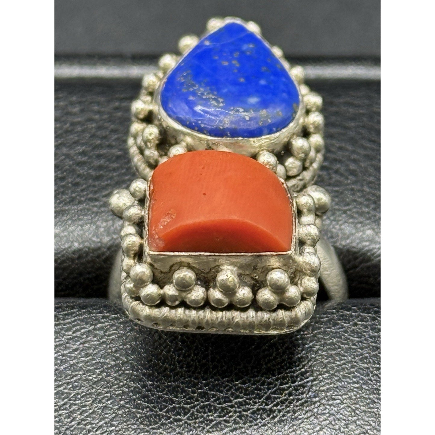 Vintage Sterling Silver Genuine Coral Lapis Ring Size 6.50 15 Grams Q7