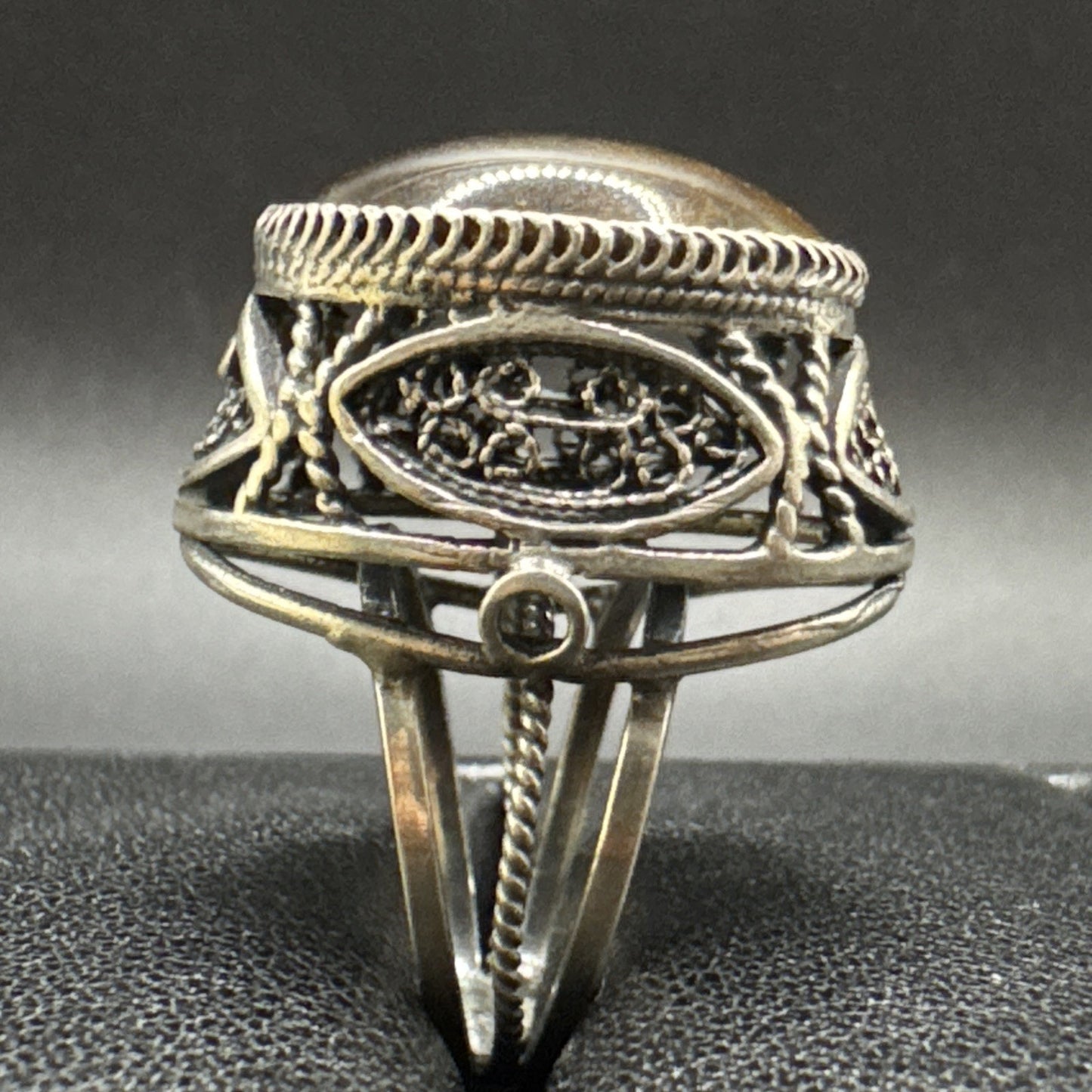 Sterling Silver Openwork Tigers Eye Dome Ring 925 Size Adjustable Q23
