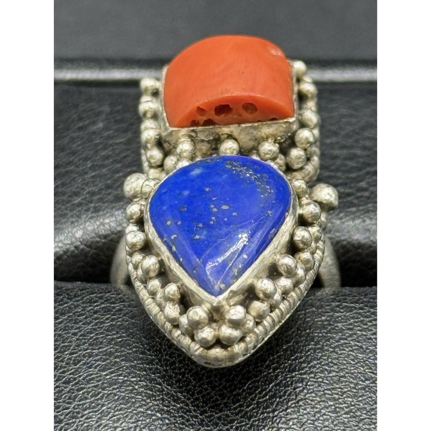 Vintage Sterling Silver Genuine Coral Lapis Ring Size 6.50 15 Grams Q7