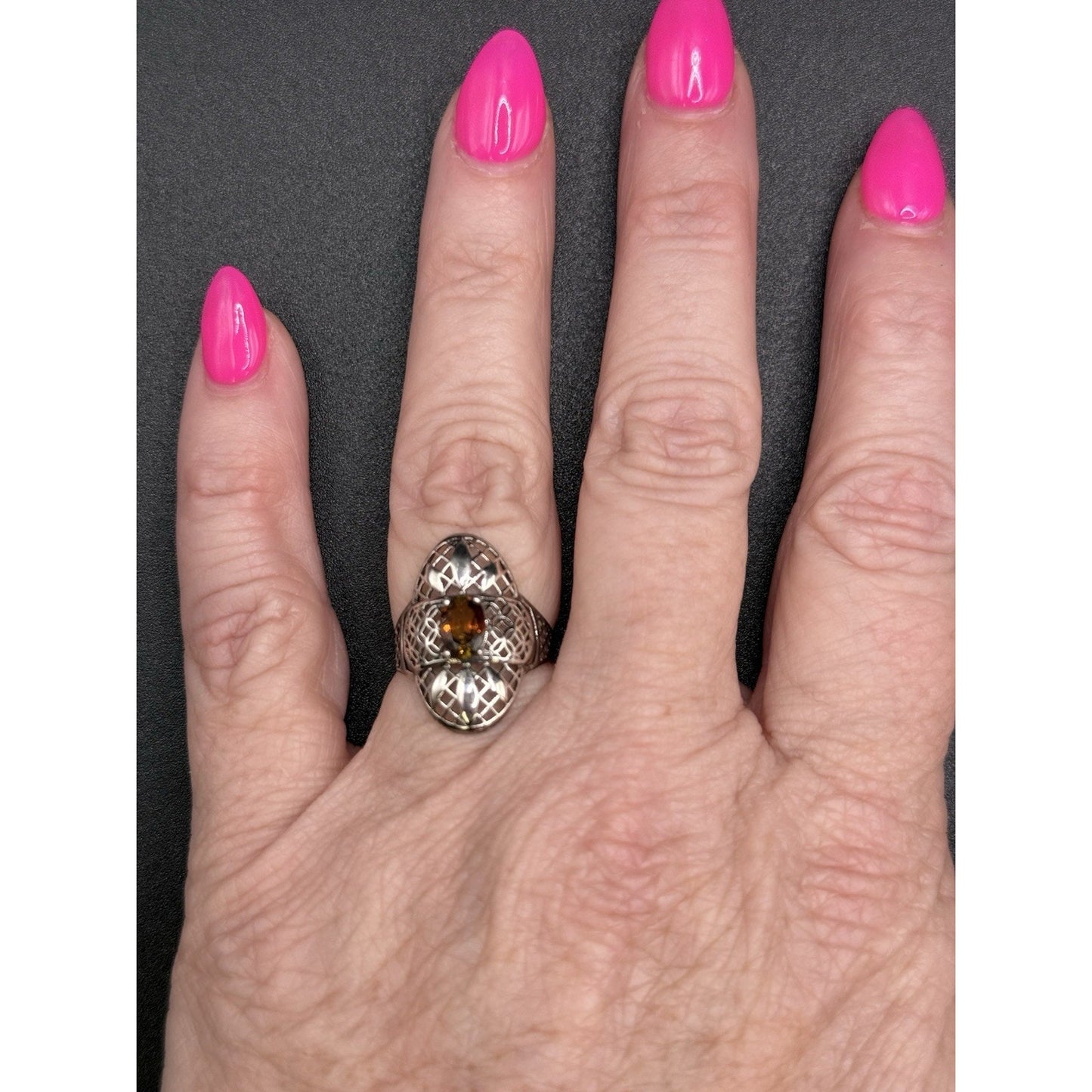 New Condition Sterling Silver Genuine Golden Tourmaline Ring Size 7.00 Filigree