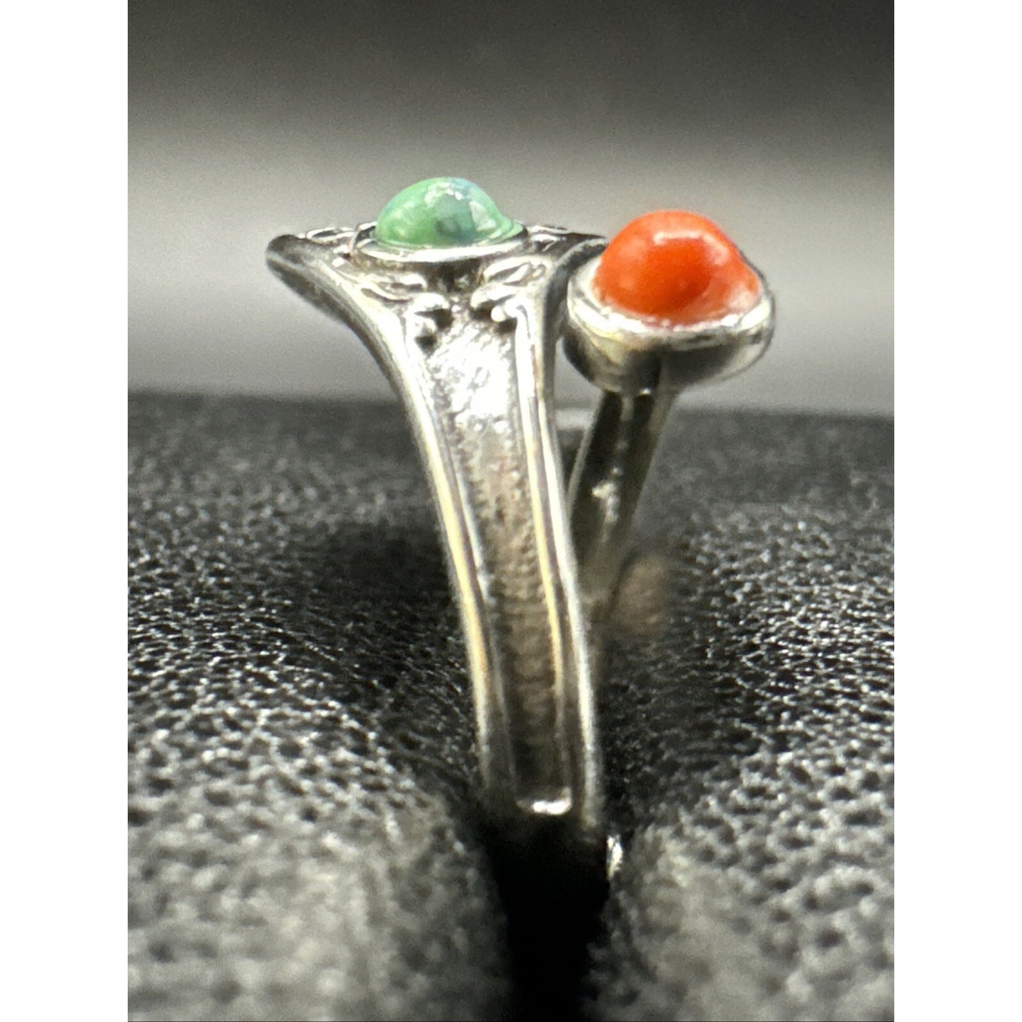 New Condition Sterling Silver Coral Turquoise Bypass Ring Cross 925 Size 7