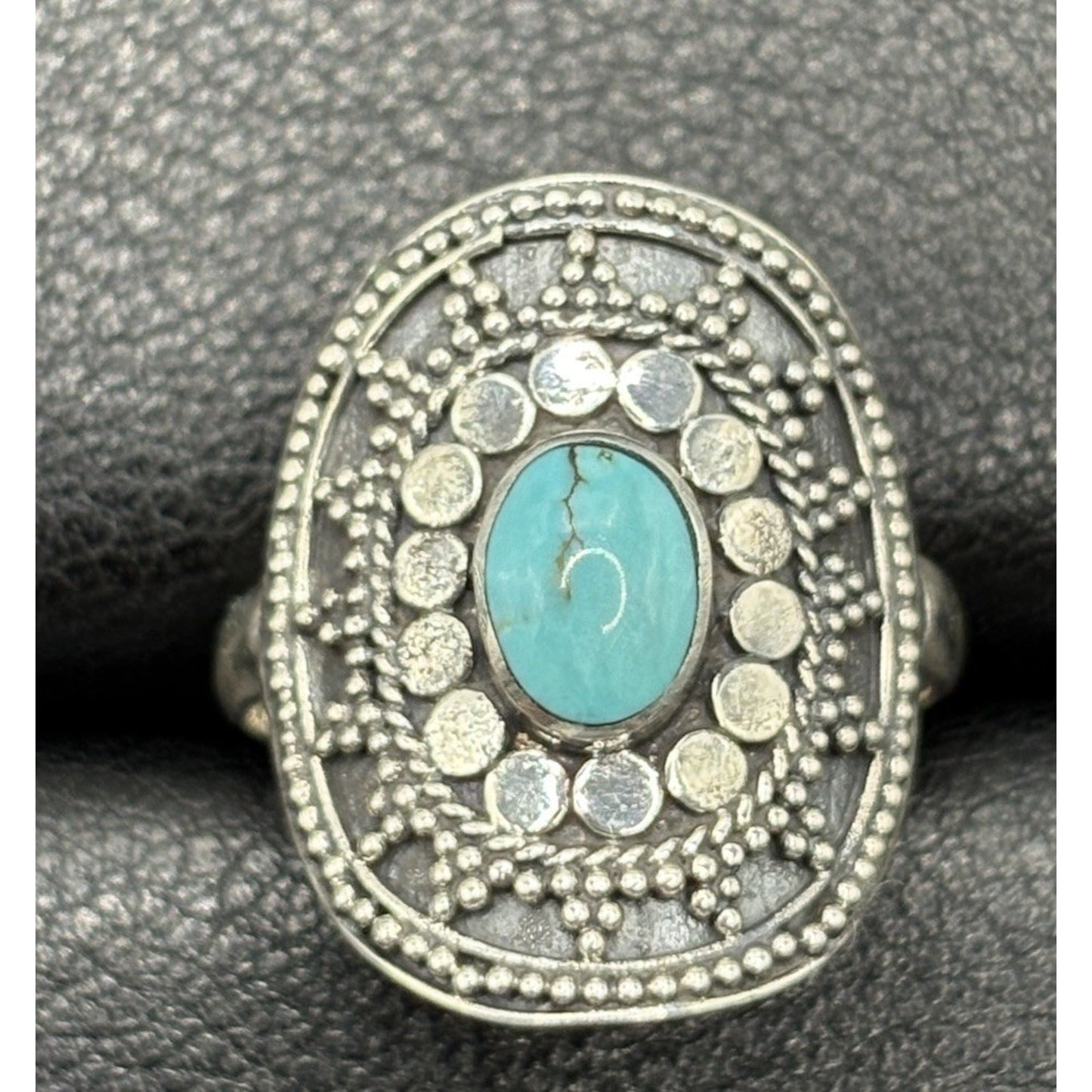 New Condition Sterling Silver Bali Style Turquoise Ring Size 7