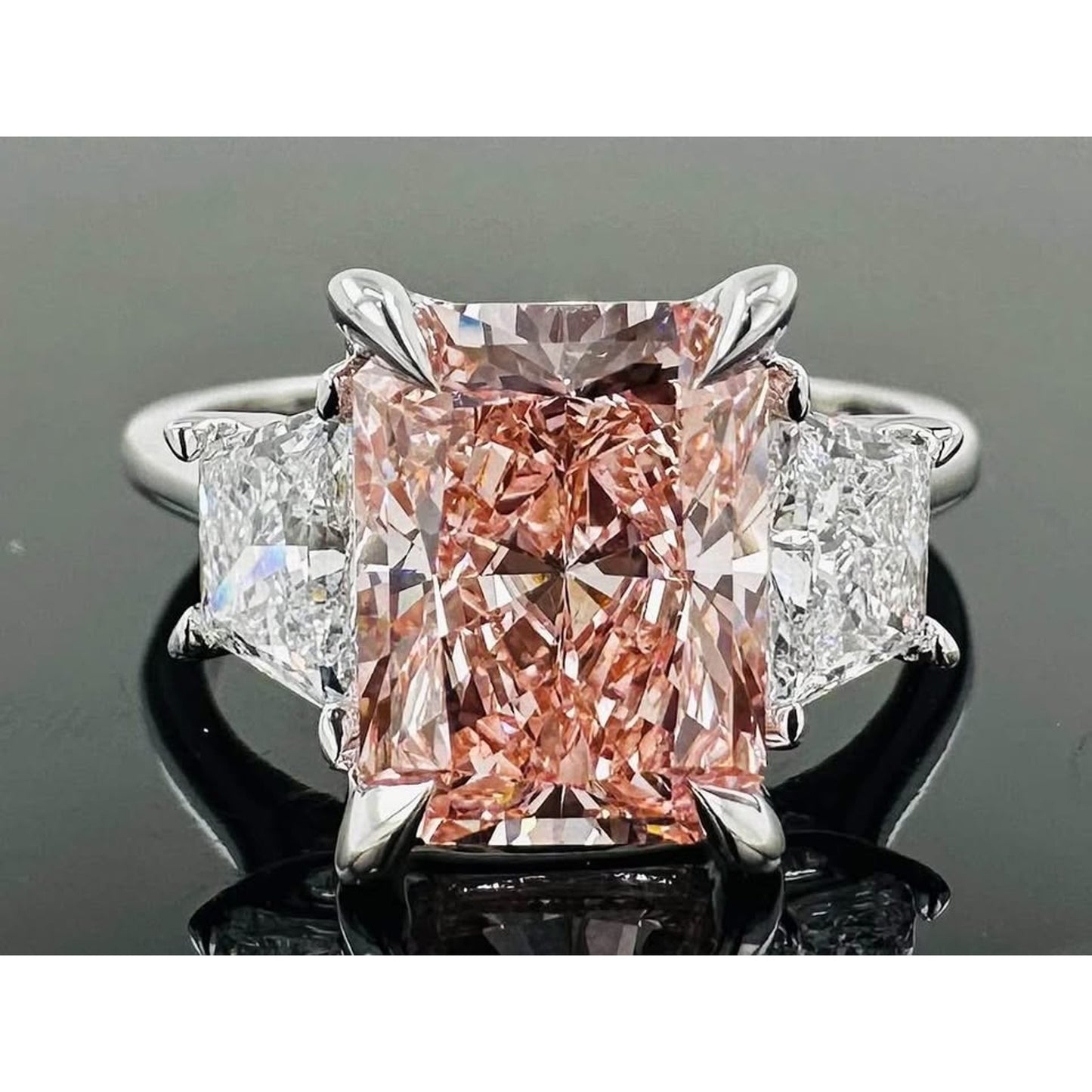 14k White Gold 3 Carat Lab Grown Diamond Fancy Pink Radiant Ring IGI